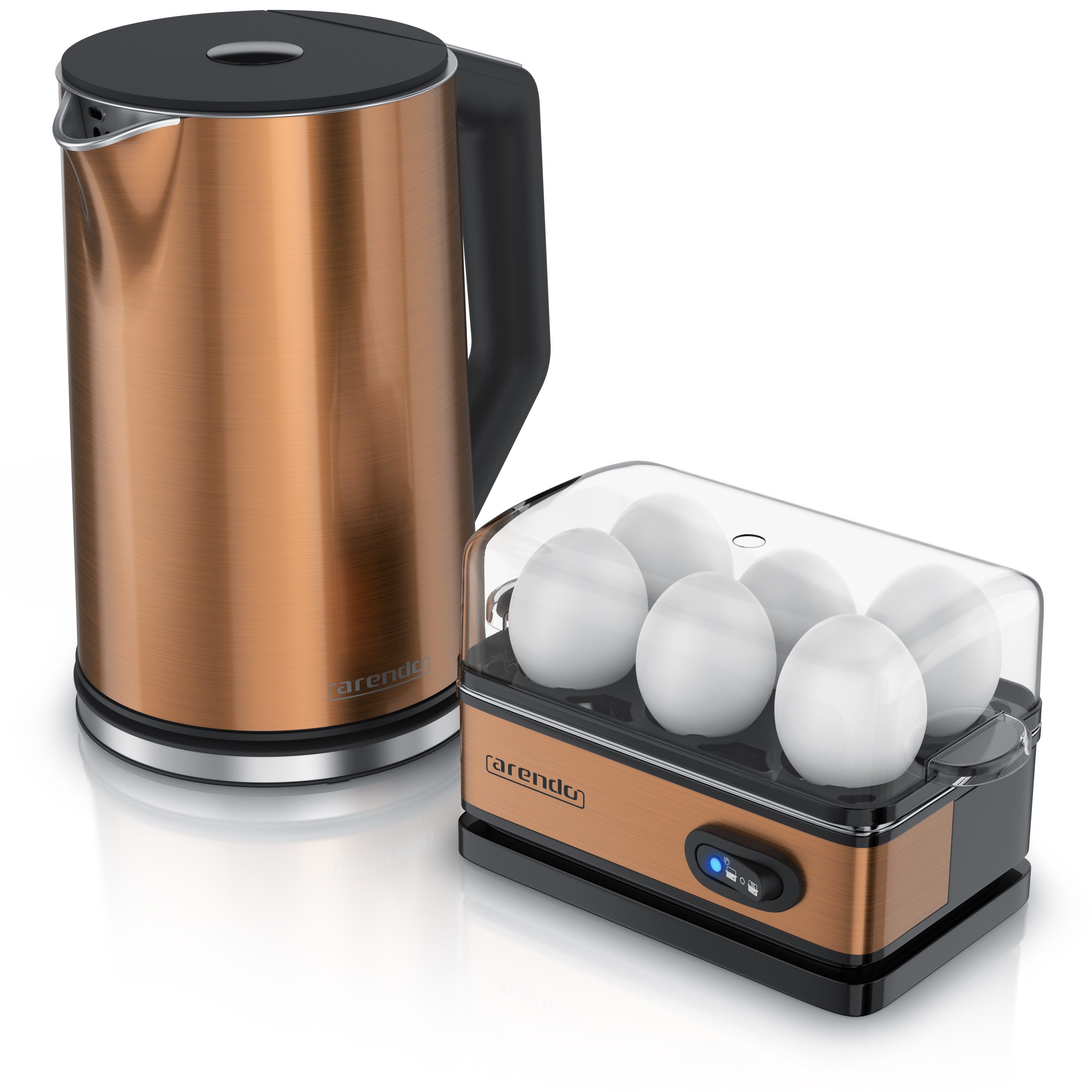 Arendo Frühstücks-Set (2-tlg), Edelstahl Wasserkocher 1,5l, 6er Eierkocher, Kupfer