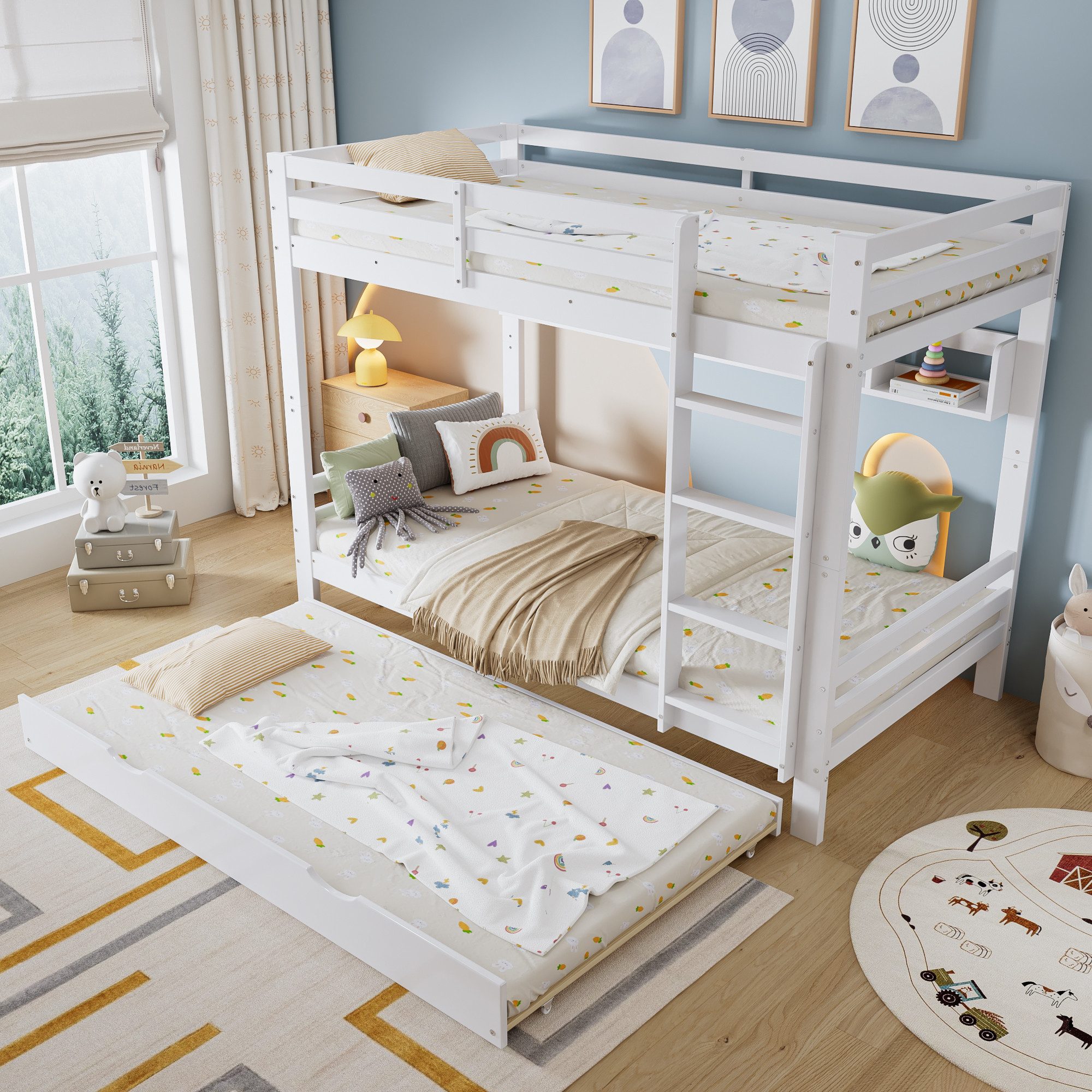 HAUSS SPOLE Etagenbett 90x200 mit Ausziehbett&Geländer,Holzbett Jugendbett mit Regalen (mit ausziehbarem Bett, Rollen und stabilen Latten, 90x200cm), ohne Matratze