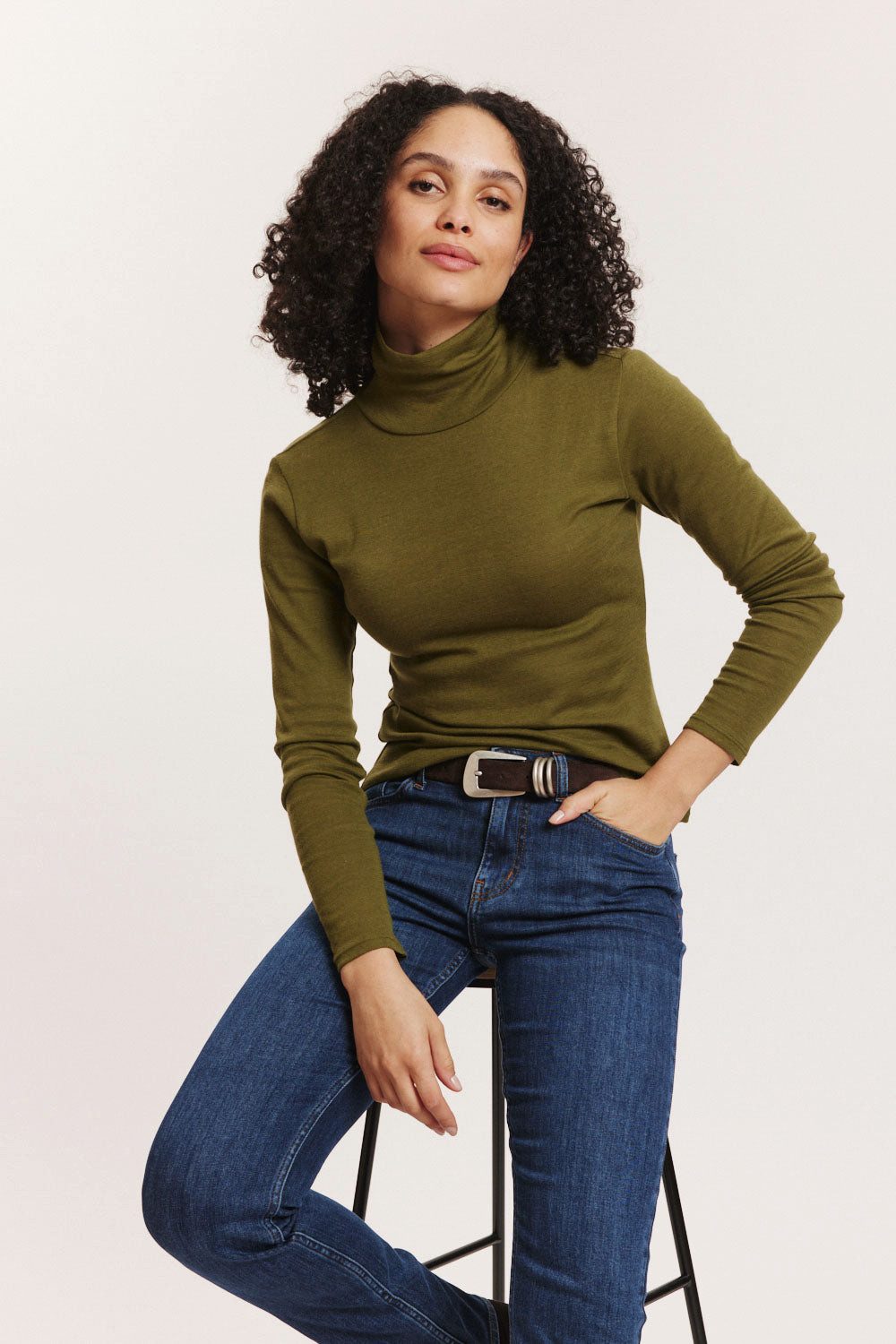 Tranquillo Longsleeve Damen Marryy Wolle-Baumwolle-Jersey schmal variabler Stehbundkragen Langarmshirt weich, warm & atmungsaktiv für modernen Layering-Look