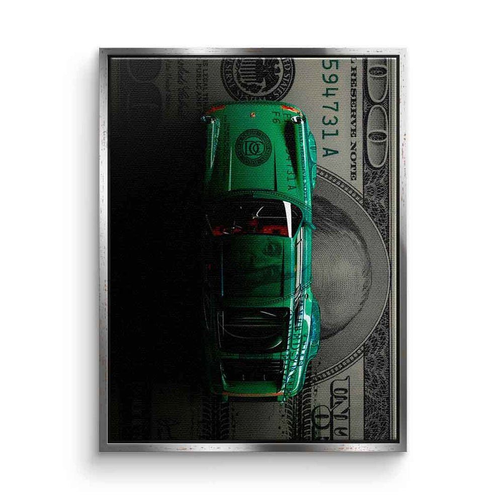 DOTCOMCANVAS® Leinwandbild, Leinwandbild Porsche green Dollar car Geld Motivation Erfolg schwarz g silberner Rahmen