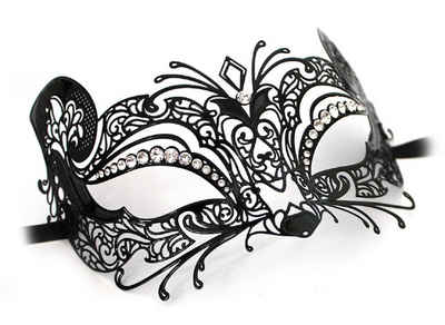 Carta Alta Venetian Masks Verkleidungsmaske Original Venezianische Maske Damen Metallmaske Micio Lux schwarz mit Strasssteinen besetzt, Hergestellt in Venedig