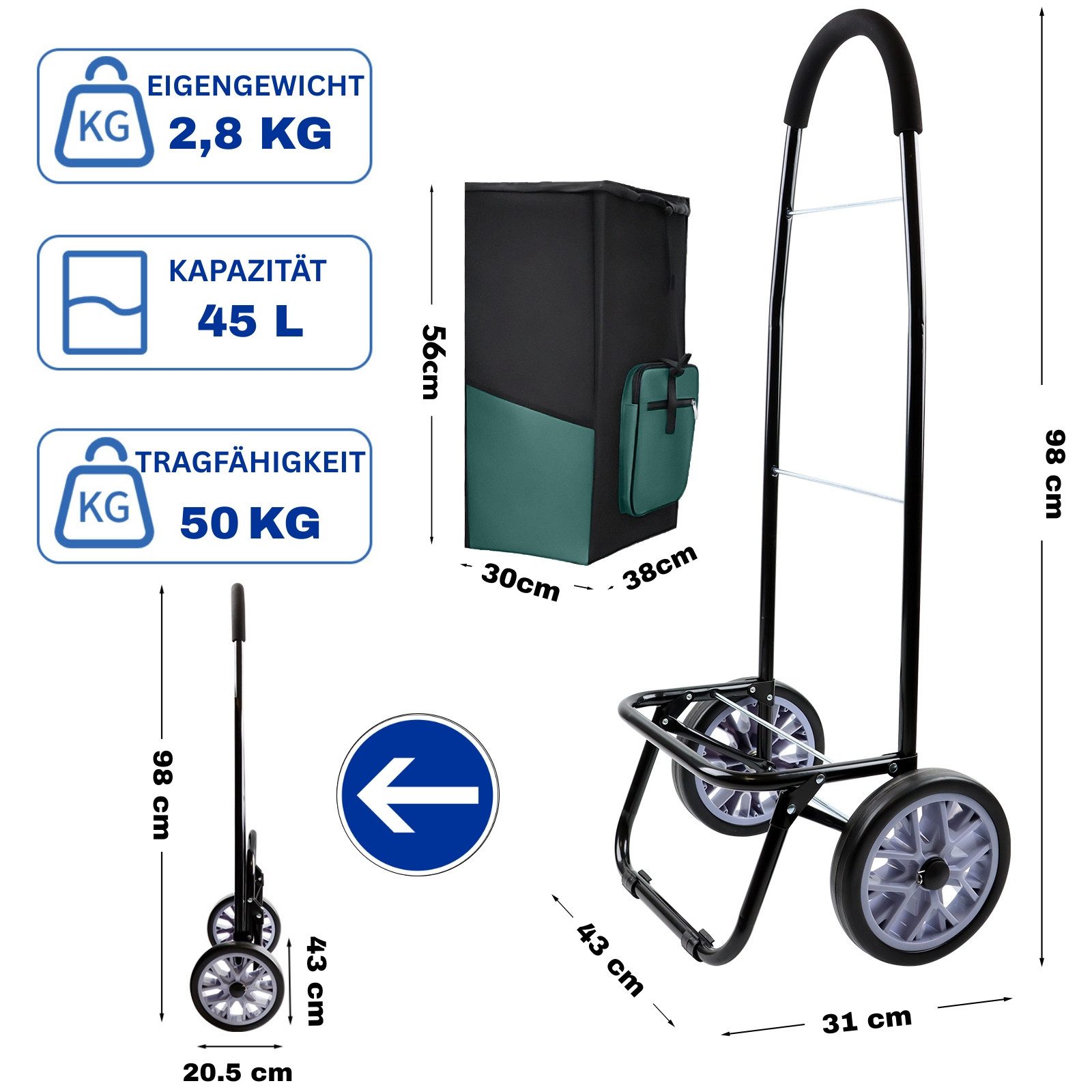 Allyson Einkaufstrolley Allyson Einkaufswagen Trolley Klappbar – Belastbar & Geräuschlos, 45 l, Klappbares Leichtbau-Gestell mit ergonomischem Soft-Touch-Griff – Bild 2 von 5