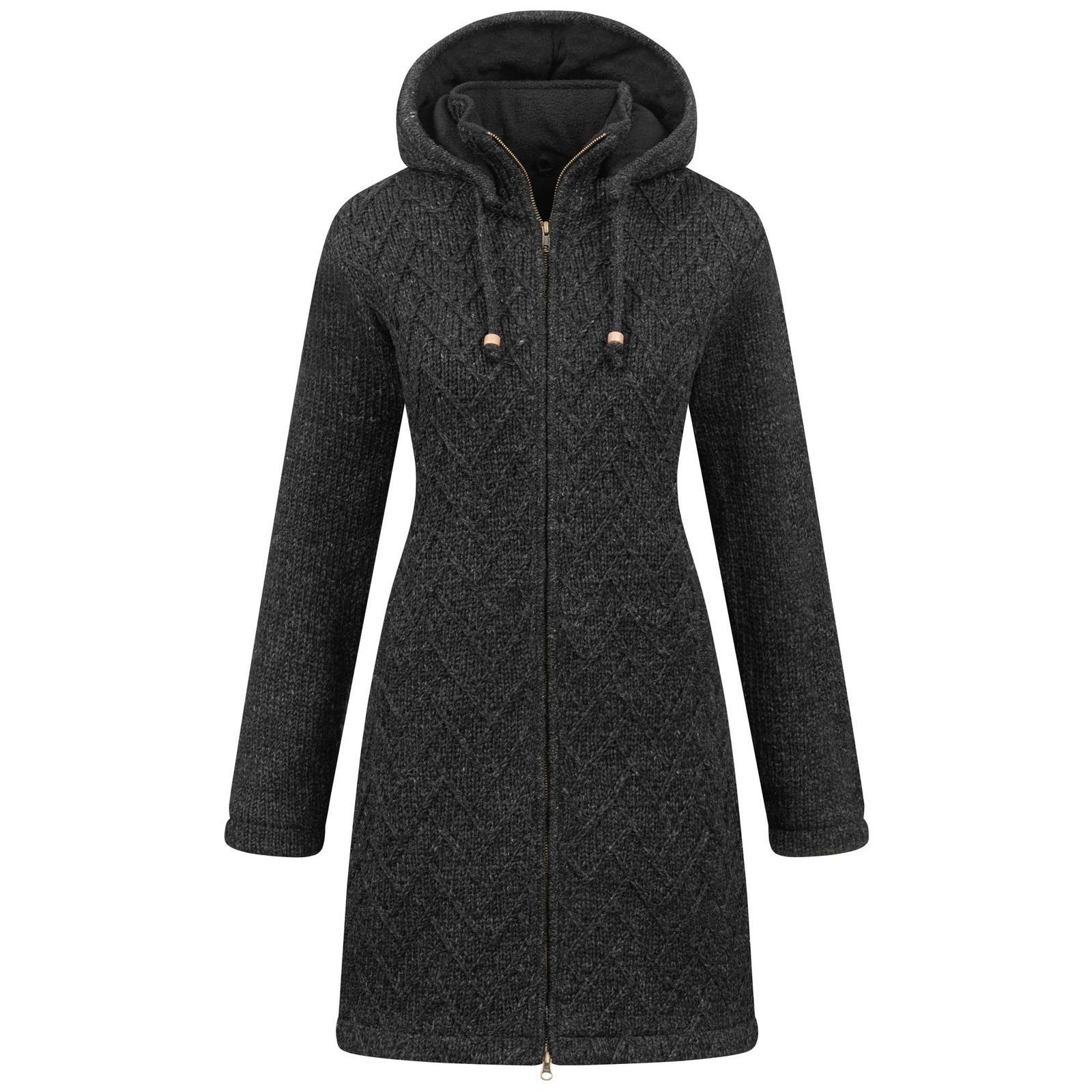 ALMHUBER Longstrickjacke ALMHUBER Damen Strickjacke Kurzmantel Wolle Winter Jacke Kapuze Boho