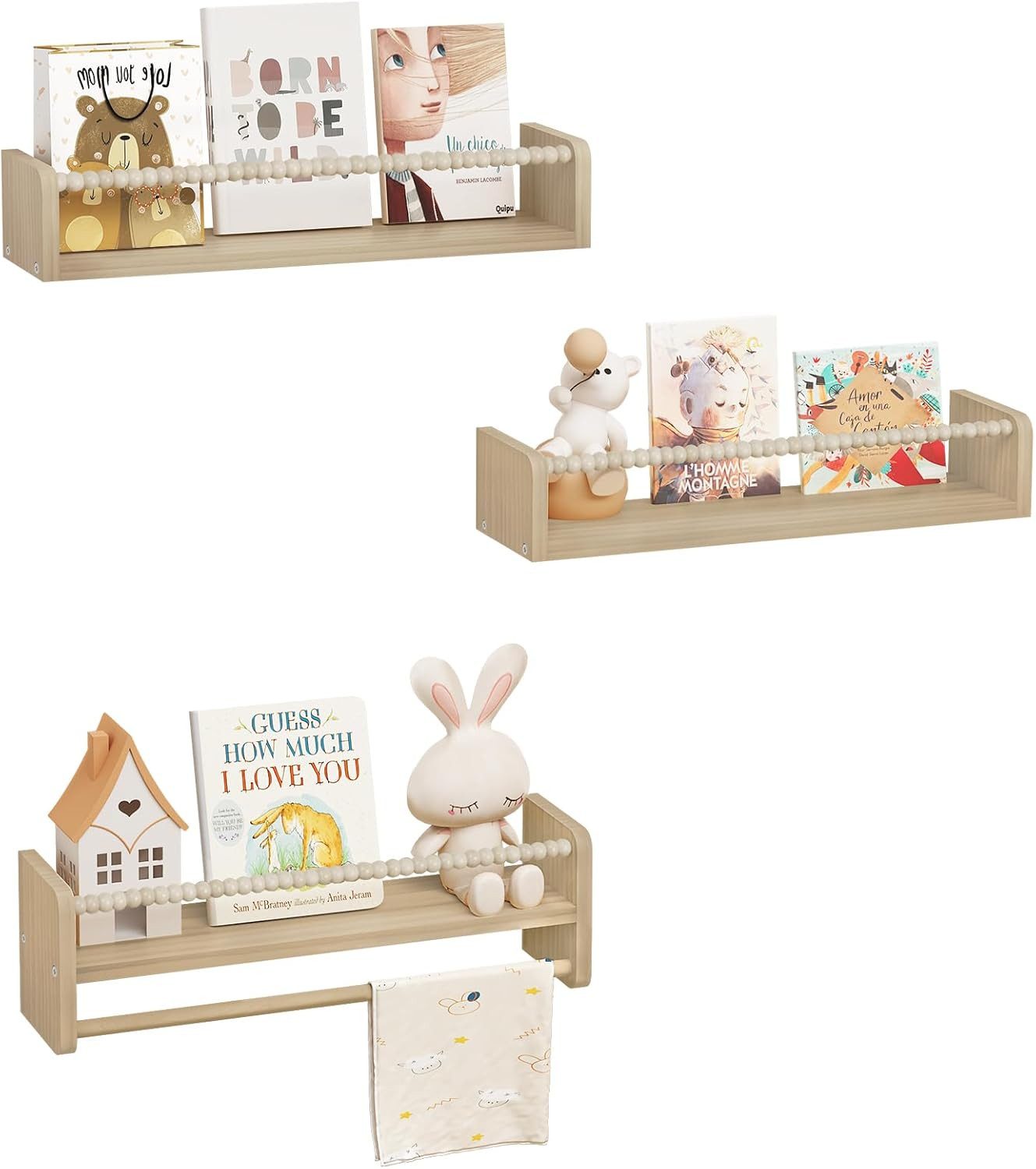 Woltu Kinderregal, 3-tlg., Bücherregal Wand, Montessori Regal, aus Massivholz