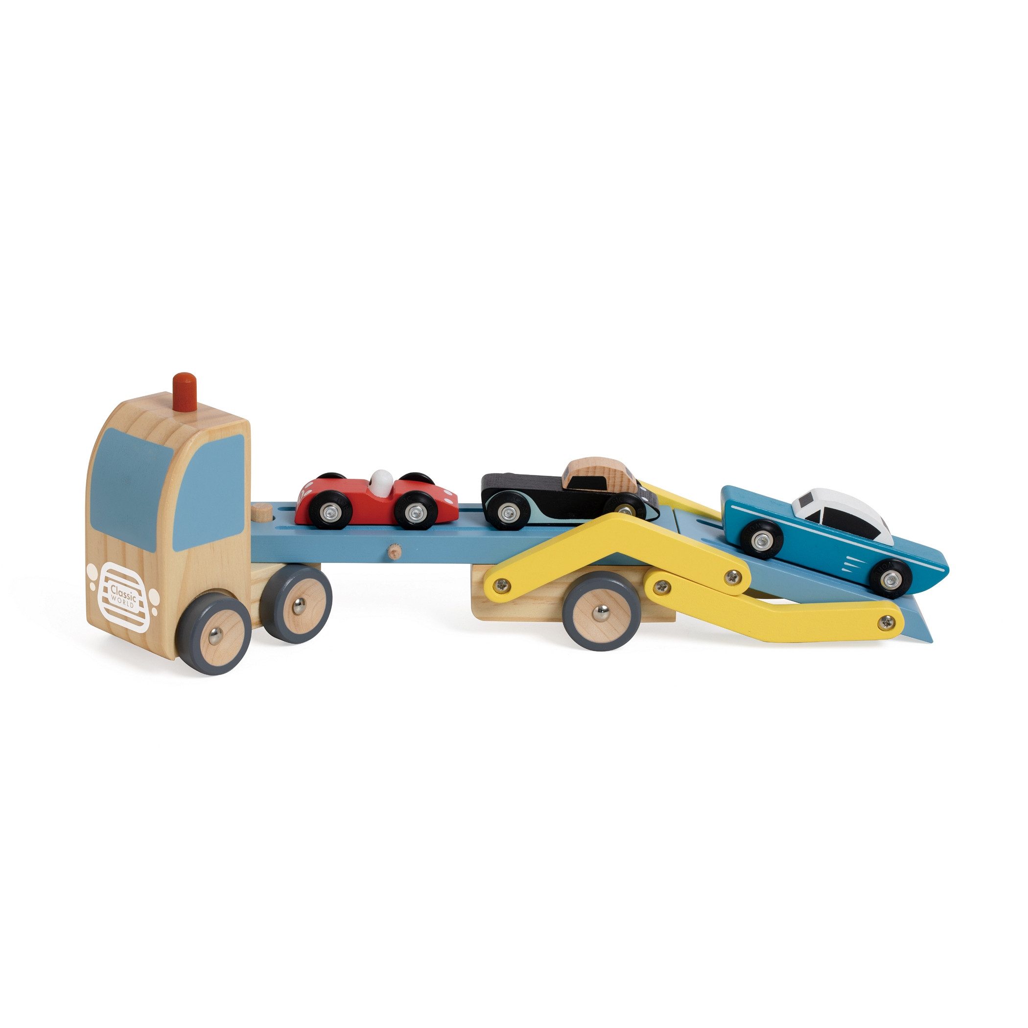 Classic World Spielzeug-Transporter Classic World - Autotransporter mit 3 Autos - 26,5x7x15cm +18 Mon., (Set aus einem Autotransporter und drei Autos, 5-tlg)