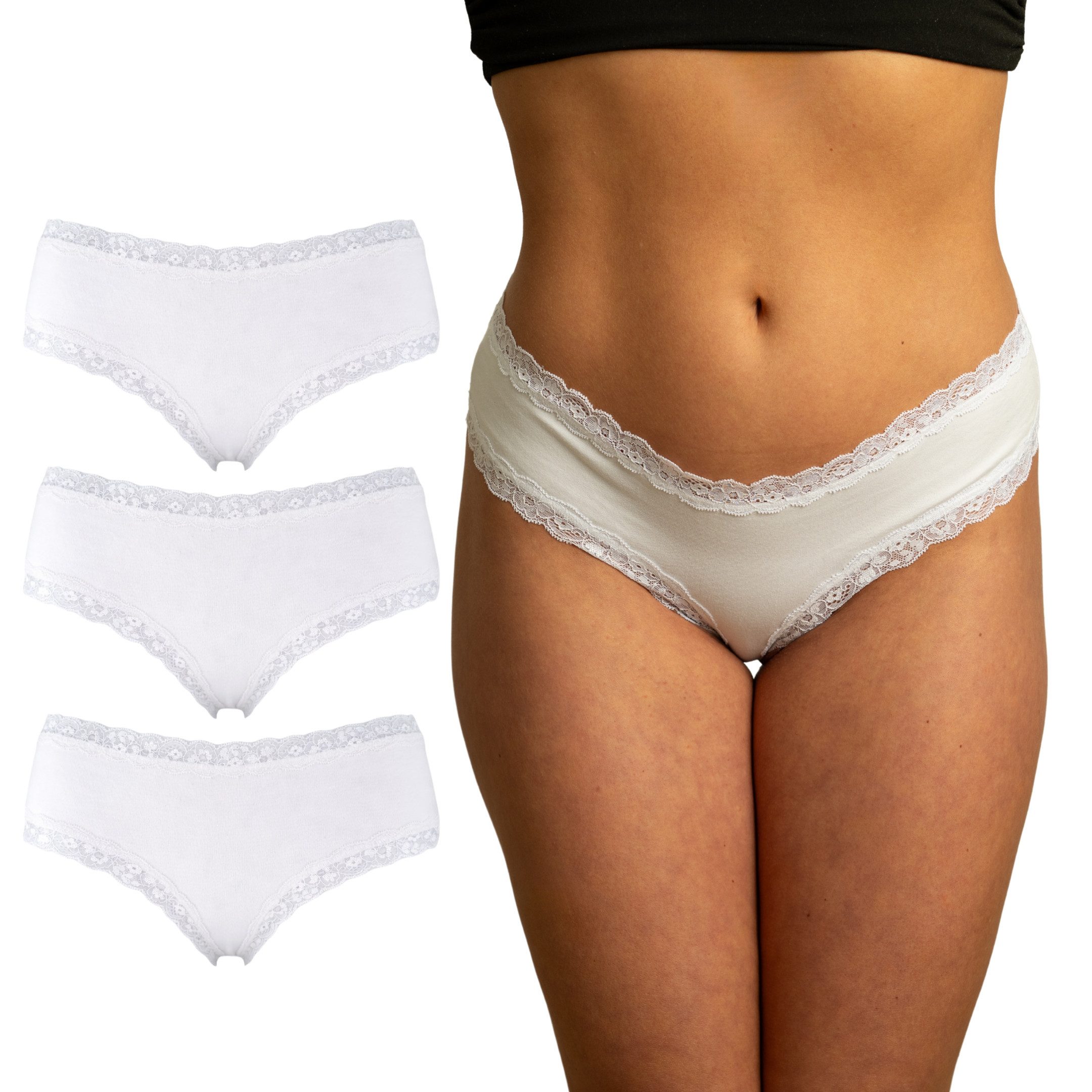 Benonetti Slip Brazilian Damen Slips mit zarter Spitze – sinnlich, weich & bequem (3er Pack, 3er Set) mit Spitze, Elastikbund, sehr bequemer Baumwollstoff