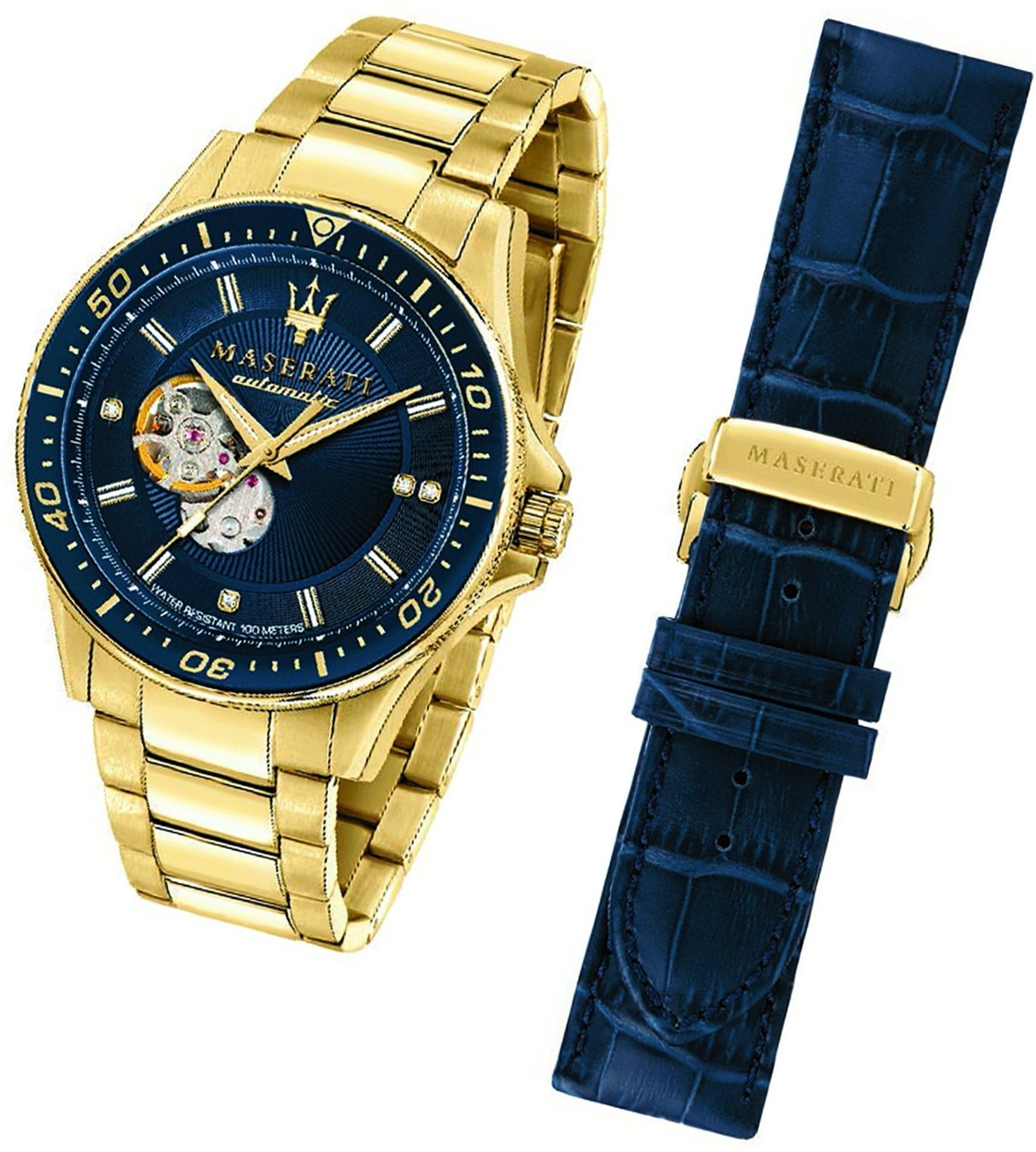 MASERATI Quarzuhr Maserati Edelstahl Armband-Uhr, Herrenuhr Edelstahlarmband, rundes Gehäuse, groß (ca. 44mm) blau