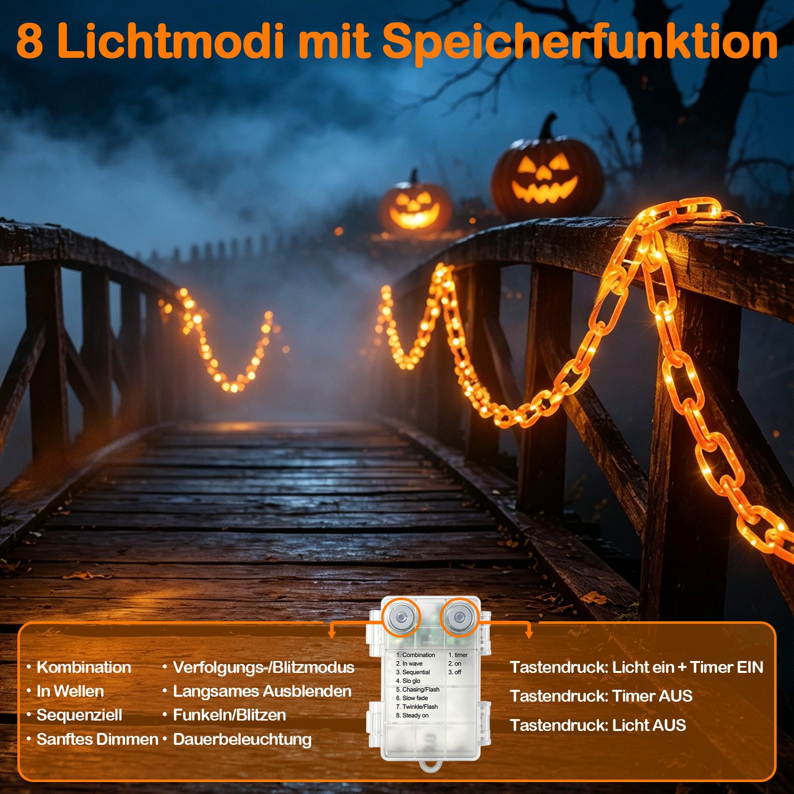 OZAVO LED-Lichterkette Halloween Lichterkette 3,2 m mit 175 LEDs, 8 Lichtmodi &Timer-Funktion, USB & Batteriebetrieben,Halloween Deko für Garten, Veranda, Spukh – Bild 3 von 5