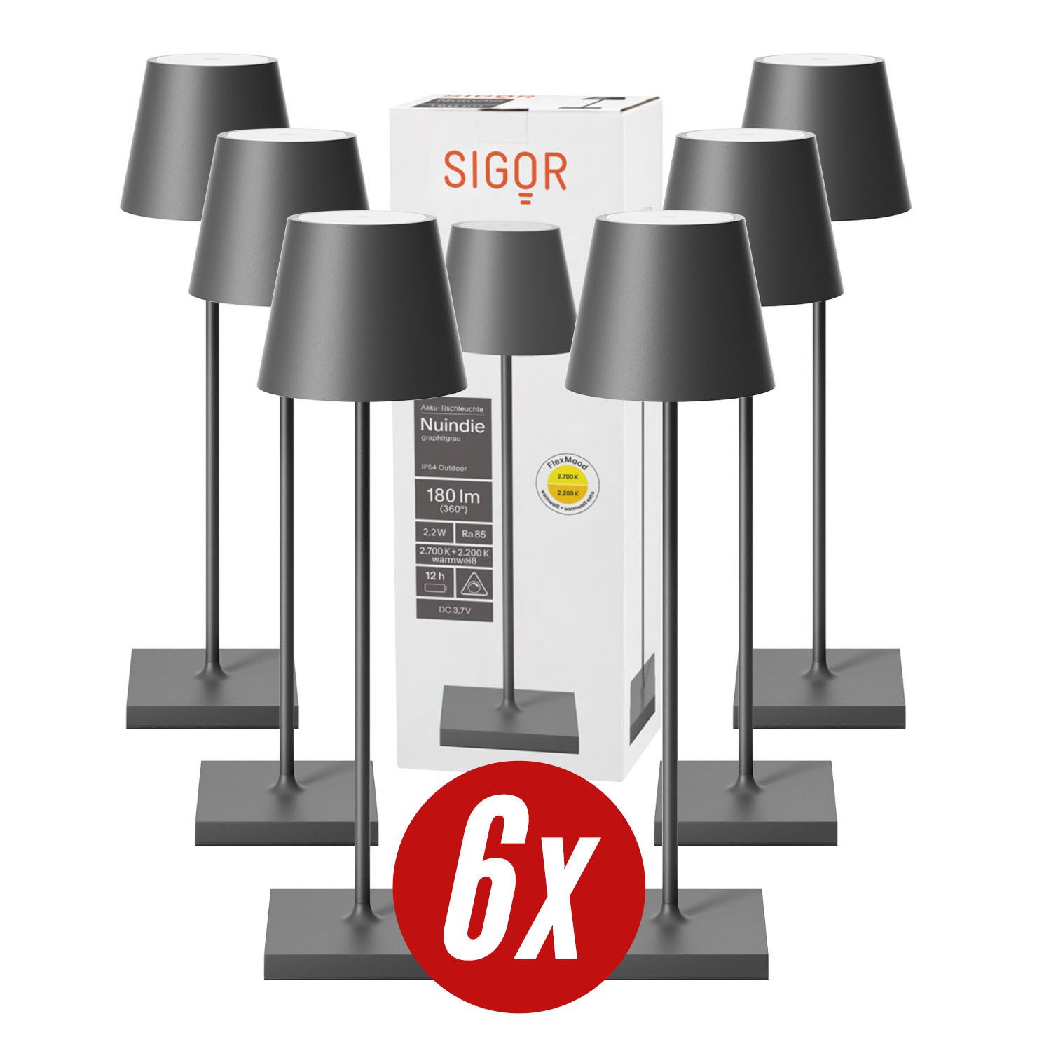 SIGOR LED Tischleuchte 6x Nuindie USB-C 380mm graphitgrau, Dimmbar, LED fest integriert, 2.700 K / 2.200 K