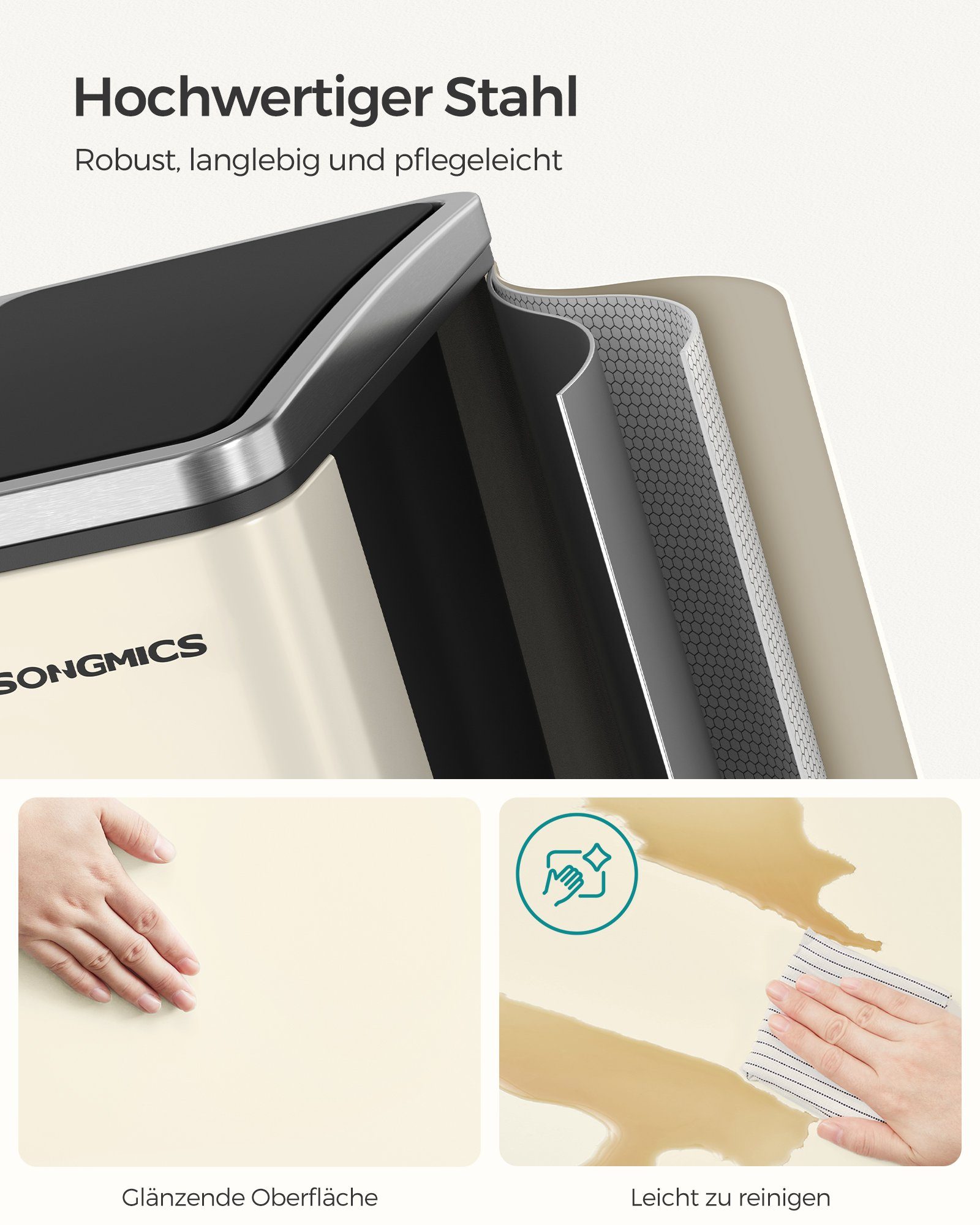 SONGMICS Mülleimer, Mülltrennsystem, 3 x 18 L, ergonomisch, 3 Fächer