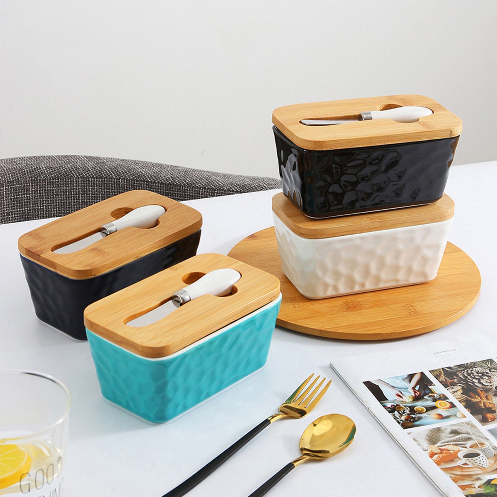 Jumpeak Butterdose Butterdosen,Keramik Butterdose,Butterdose mit Deckel,Mit Buttermesser, Keramik, (Packung, Butterdose ausKeramik mit BambusundHolzdeckel (inklusiveButtermesser), Butterschale Set mit Messer,Keramik,Küche,steinoptik,Geschenk