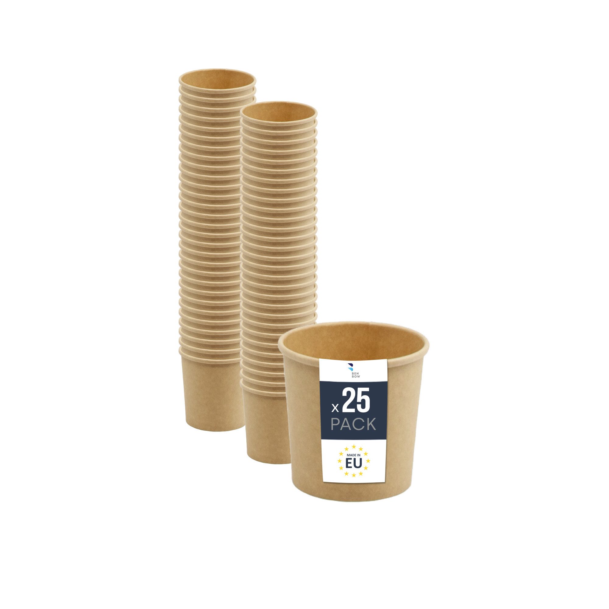BENBOW Einwegschale BenBow Einweg-Papierbehälter mit Deckel 350/470/500/870 ml, (25-tlg), BenBow Einwegbehälter aus Kraftpapier ohne Deckel 25 x 350 ml