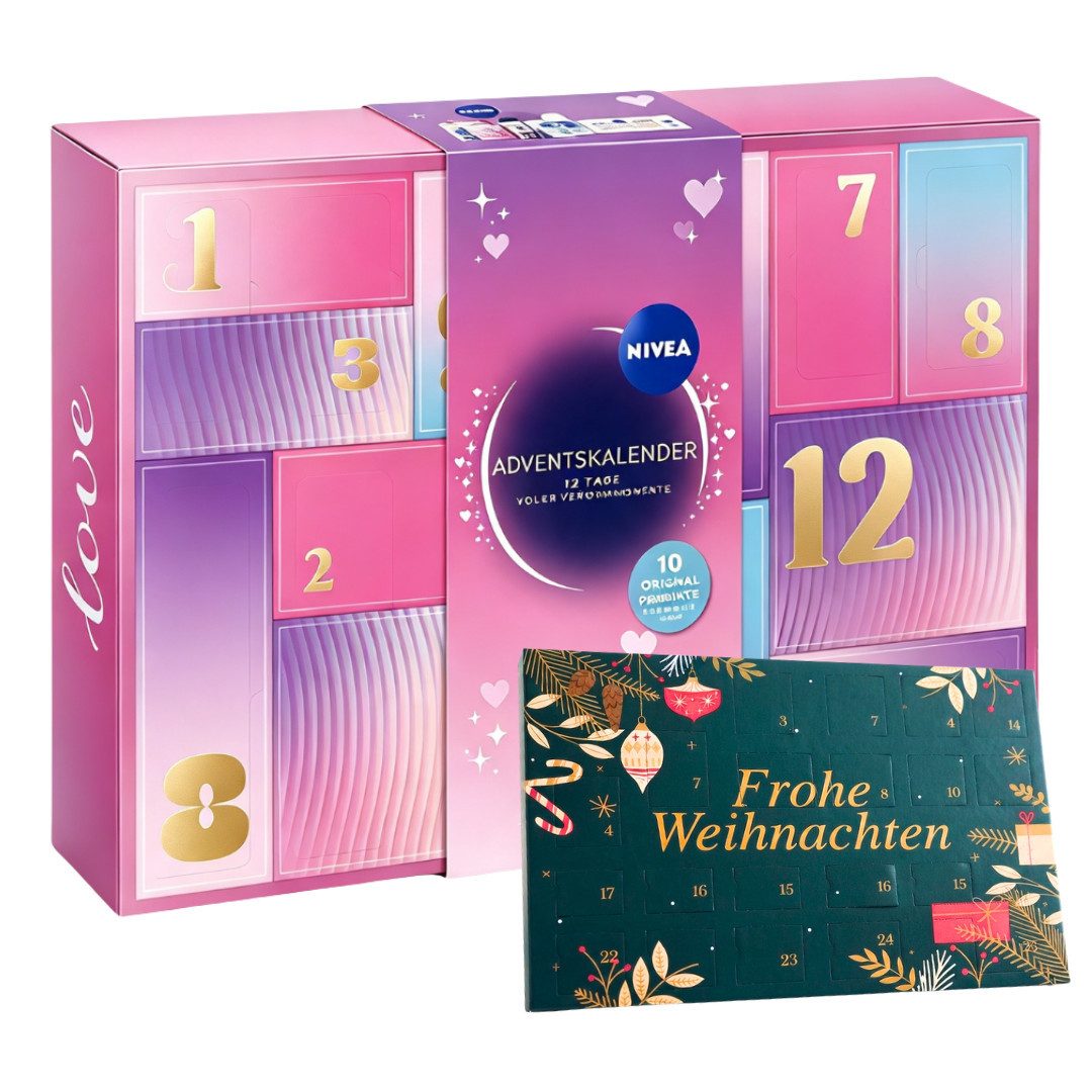 Nivea Kosmetik-Adventskalender 2026 Teen + Doug Tisch Adventskalender 2er set Mädchen Beauty Pflege (Set, 36-tlg), 36 tlg - 12 Beauty Produkte + 24 Schokoladen Advent Kalender - Frau