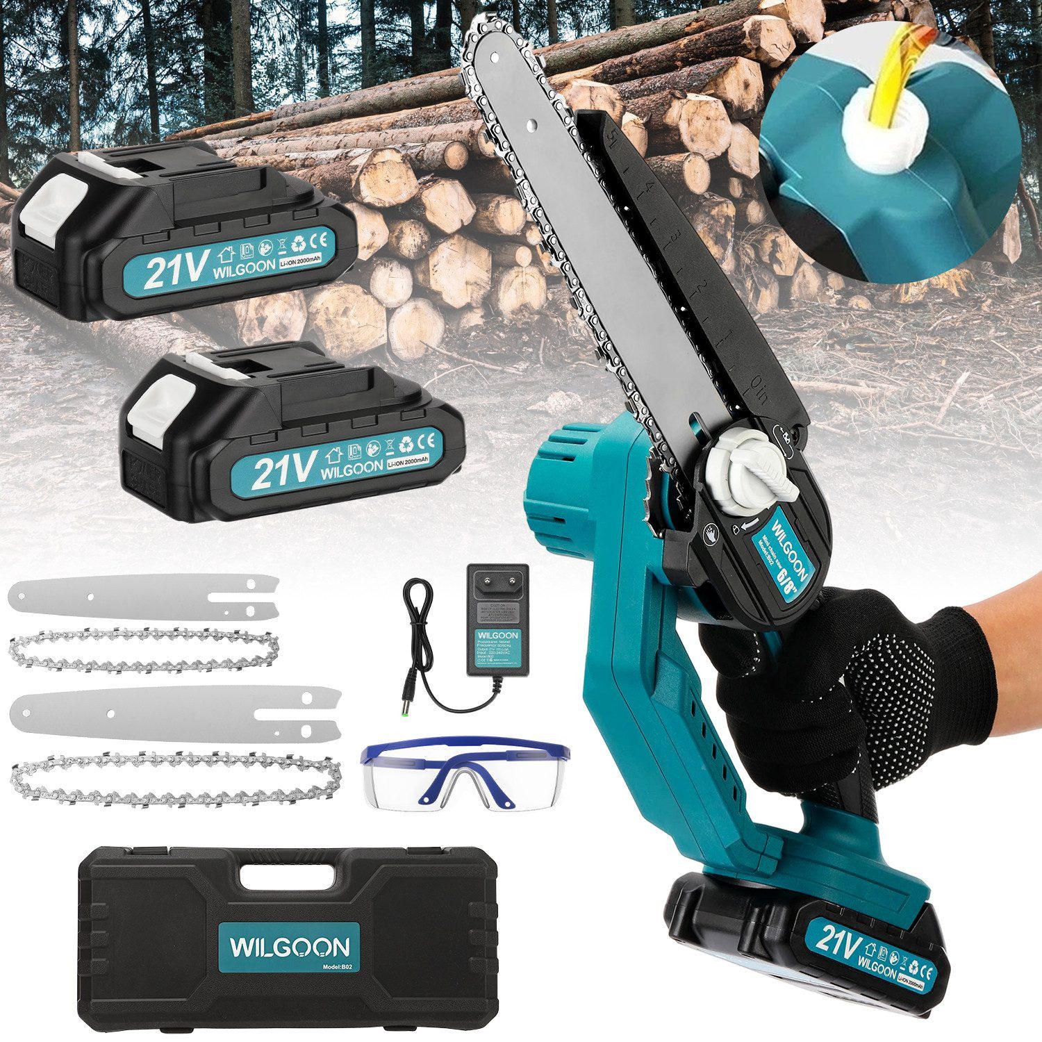 WILGOON Akku-Kettensäge 8 Zoll + 6 Zoll 2-in-1 Sägeblätter mini Bürstenlose Elektro-Kettensäge, 20 cm Schwertlänge, Set, mit 2×21V/2,0Ah Akku, 2 Ketten, Mehrfacher Sicherheitsschutz, für Garten Holz und Astscheren
