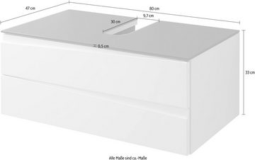Homexperts Waschbeckenunterschrank Sharpcut in Hochglanz weiß mit Grifffräsung und Glasplatte, B 80, H 33, T 47 cm