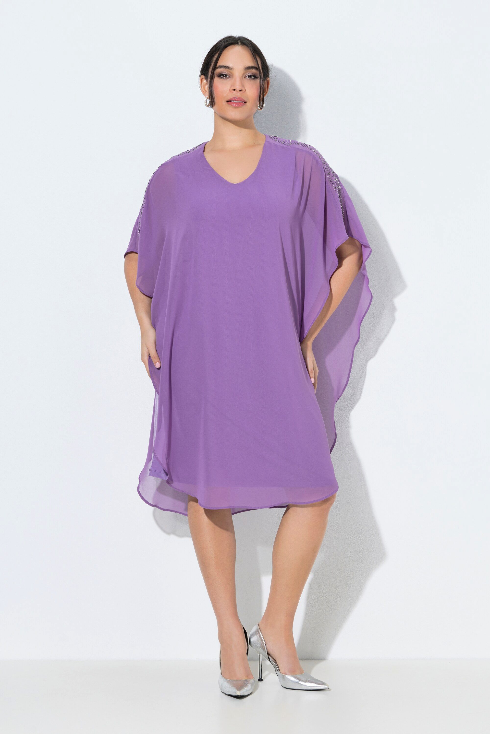 Ulla Popken Cocktailkleid Chiffonkleid doppellagig V-Ausschnitt 3/4-Arm günstig online kaufen