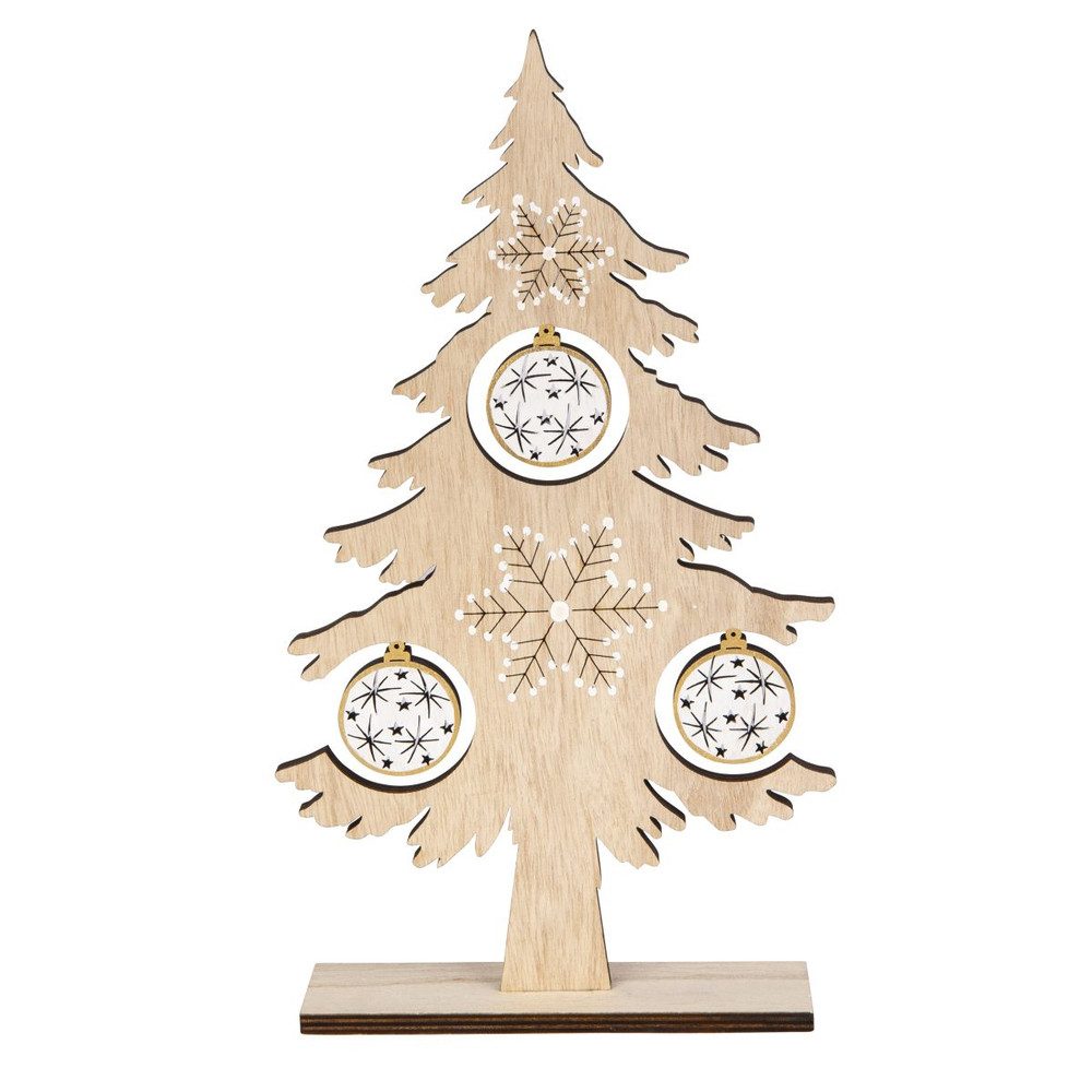 MICA Weihnachtsfigur Standdeko - Baum mit Kugeln - braun/weiß/silber - ca. 16 x 4 x 29 cm