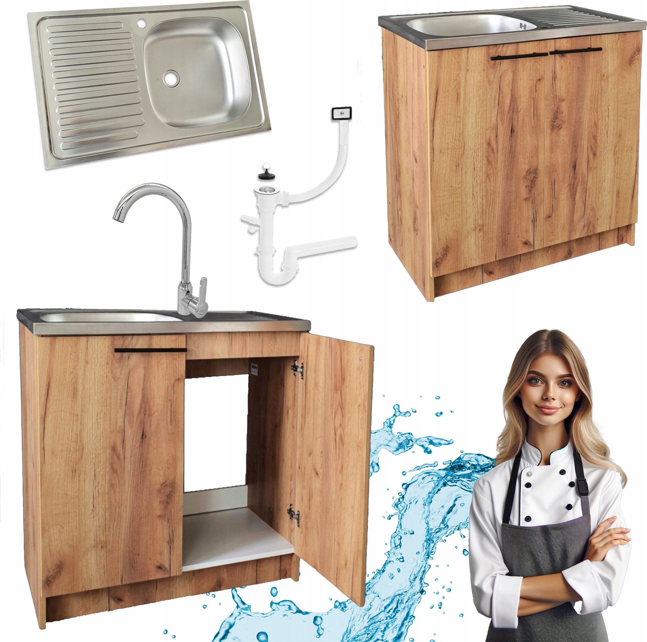 STAMAR Spülenschrank Küchenschrank 80cm Eiche Gold Spüle Hocharmatur Siphon Set Komplett Standschrank 49cm Tiefe Edelstahl Spülbecken Geschirrspüler Modern XXL