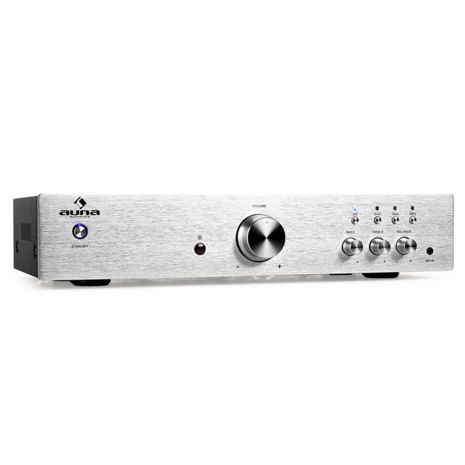 Auna AV2-CD508 Audioverstärker (Anzahl Kanäle: drei Stereo-Cinch-Audio-Eingänge und ein Line-Ausgang, 125 W) Silber