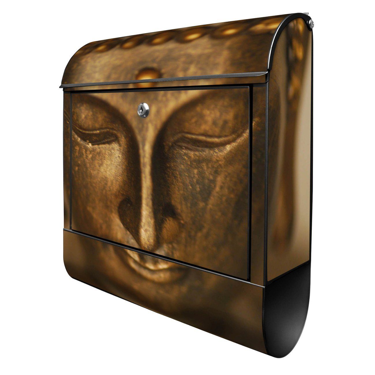 14cm Buddha 47 x mit x 39 (Wandbriefkasten Zeitungsfach), banjado schwarz witterungsbeständig, pulverbeschichtet, Gold Wandbriefkasten Stahl