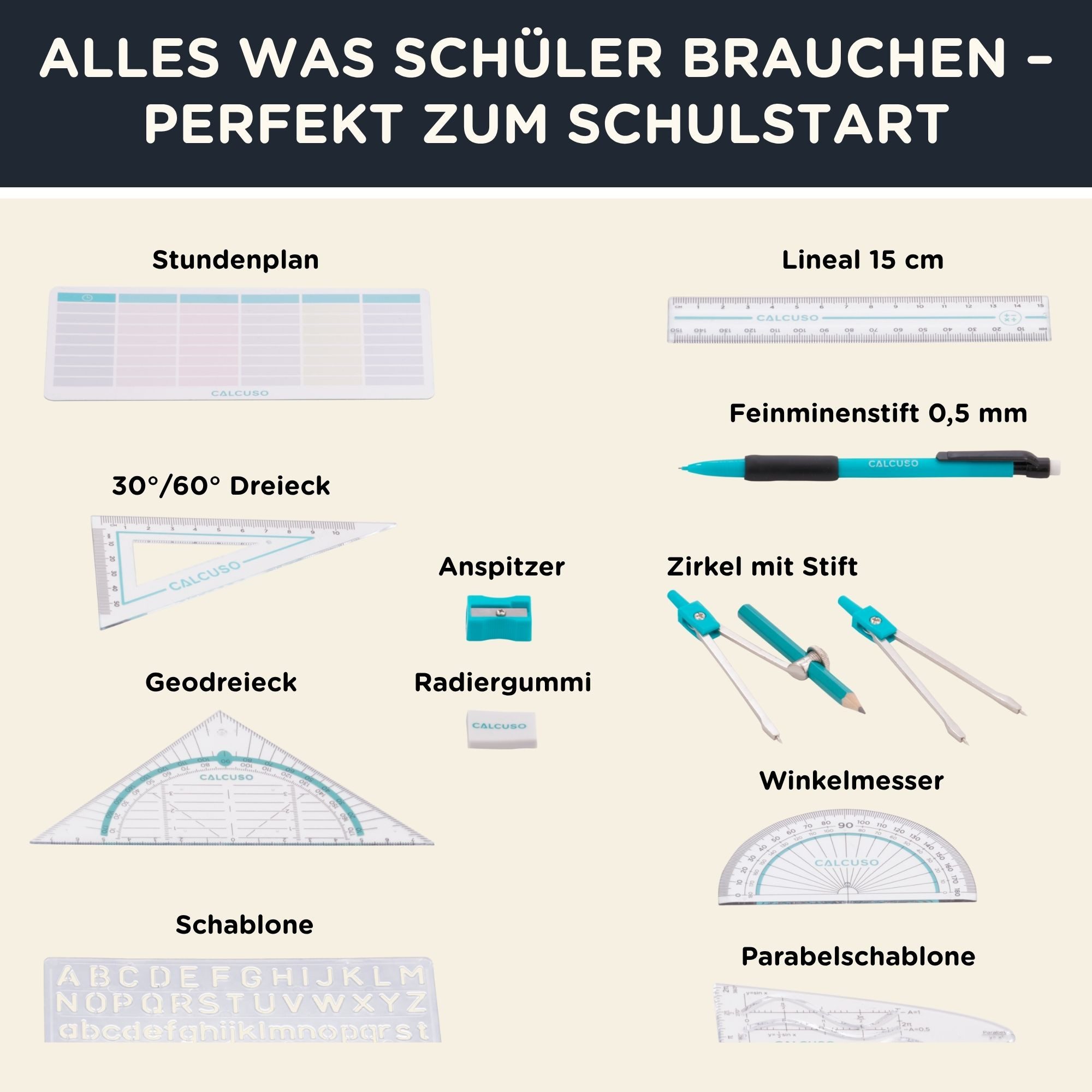 CALCUSO Zirkel Set in Metallbox – 14-teilig mit Geodreieck & Lineal und Zubehör