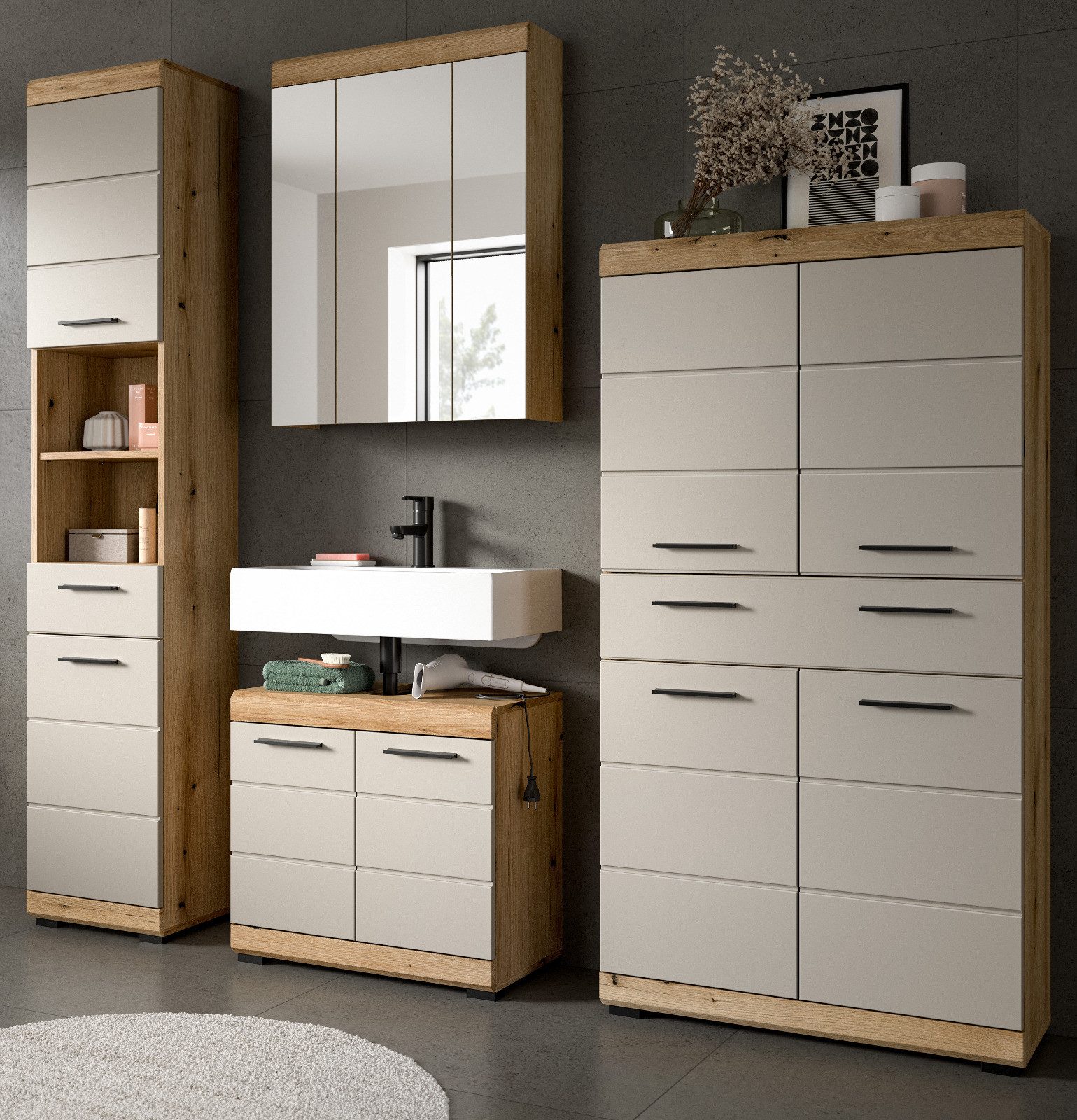 Inn.Furn Badmöbel-Set Shawn, (Badezimmer 4-teilig in Eiche und Sand Kaschmi günstig online kaufen