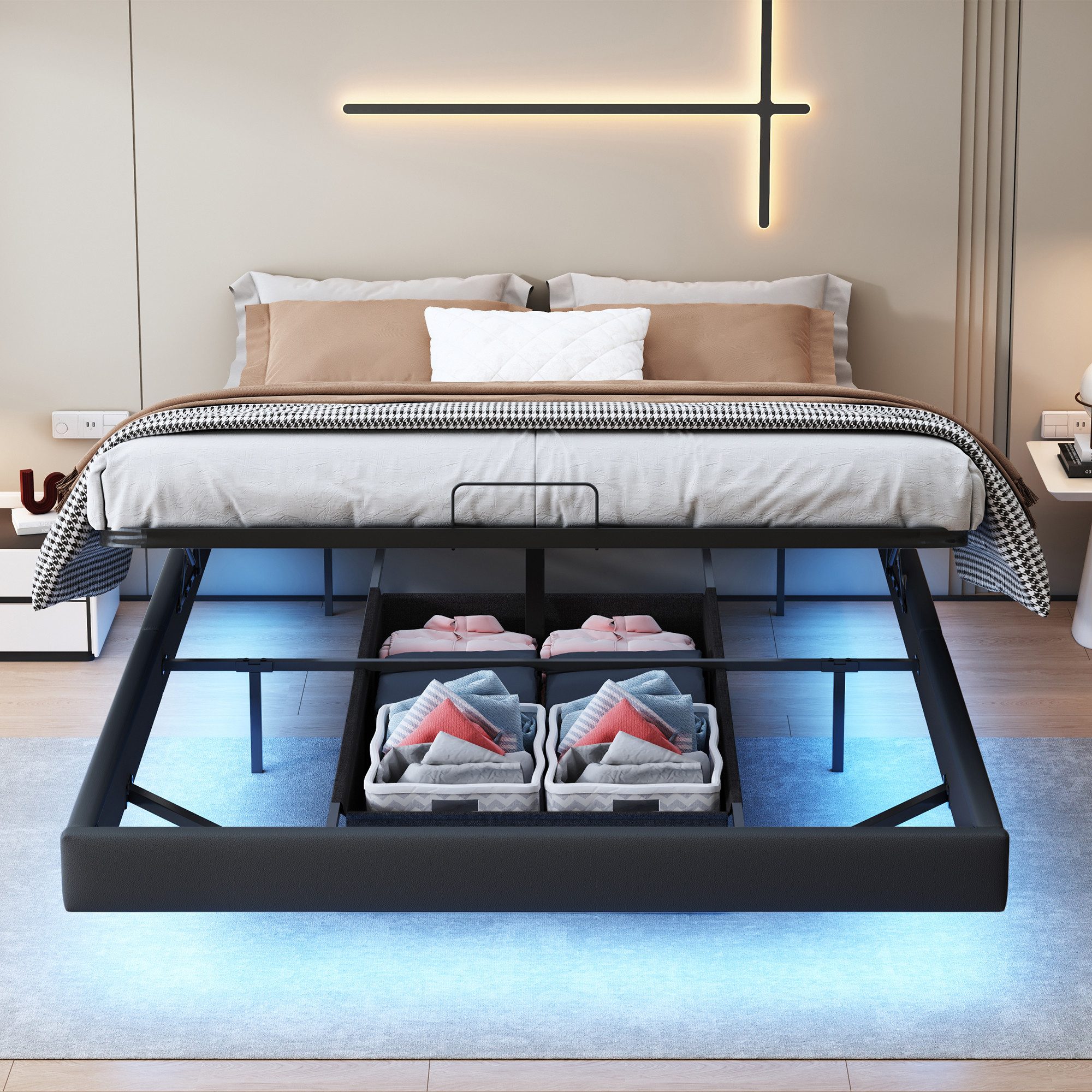 FUROKOY Polsterbett 160x200cm Polsterbett LED schwebende Bett günstig online kaufen