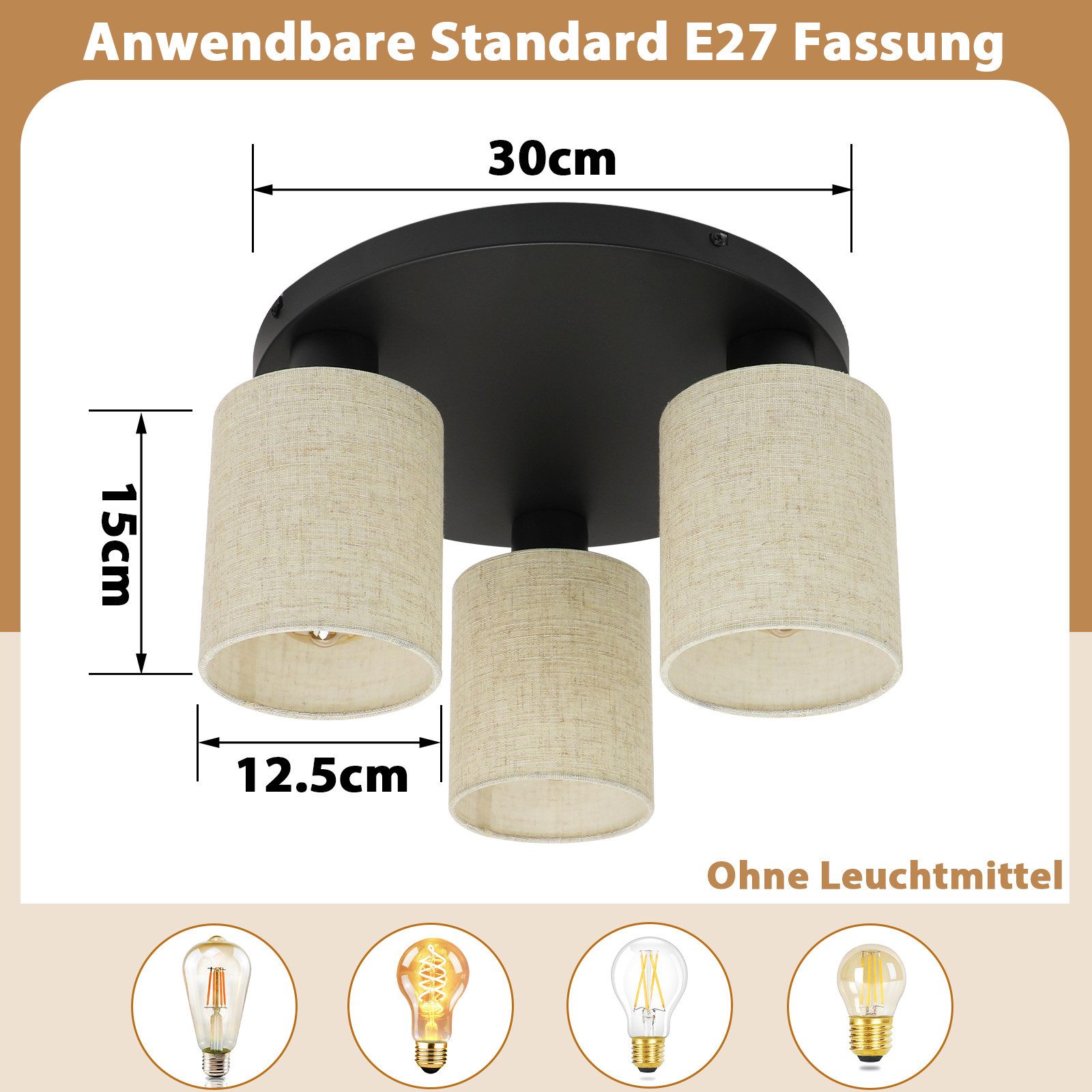 ZMH Deckenleuchte Deckenlampe Vintage E27 3 Flammig Deckenleuchte Schwarz, ohne Leuchtmittel