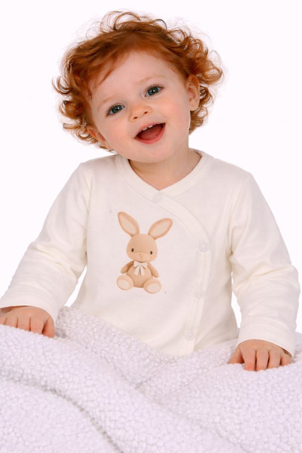 Wickelbody Baby Langarmbody mit Kratzschutz Body weiß oder creme mit Hasen