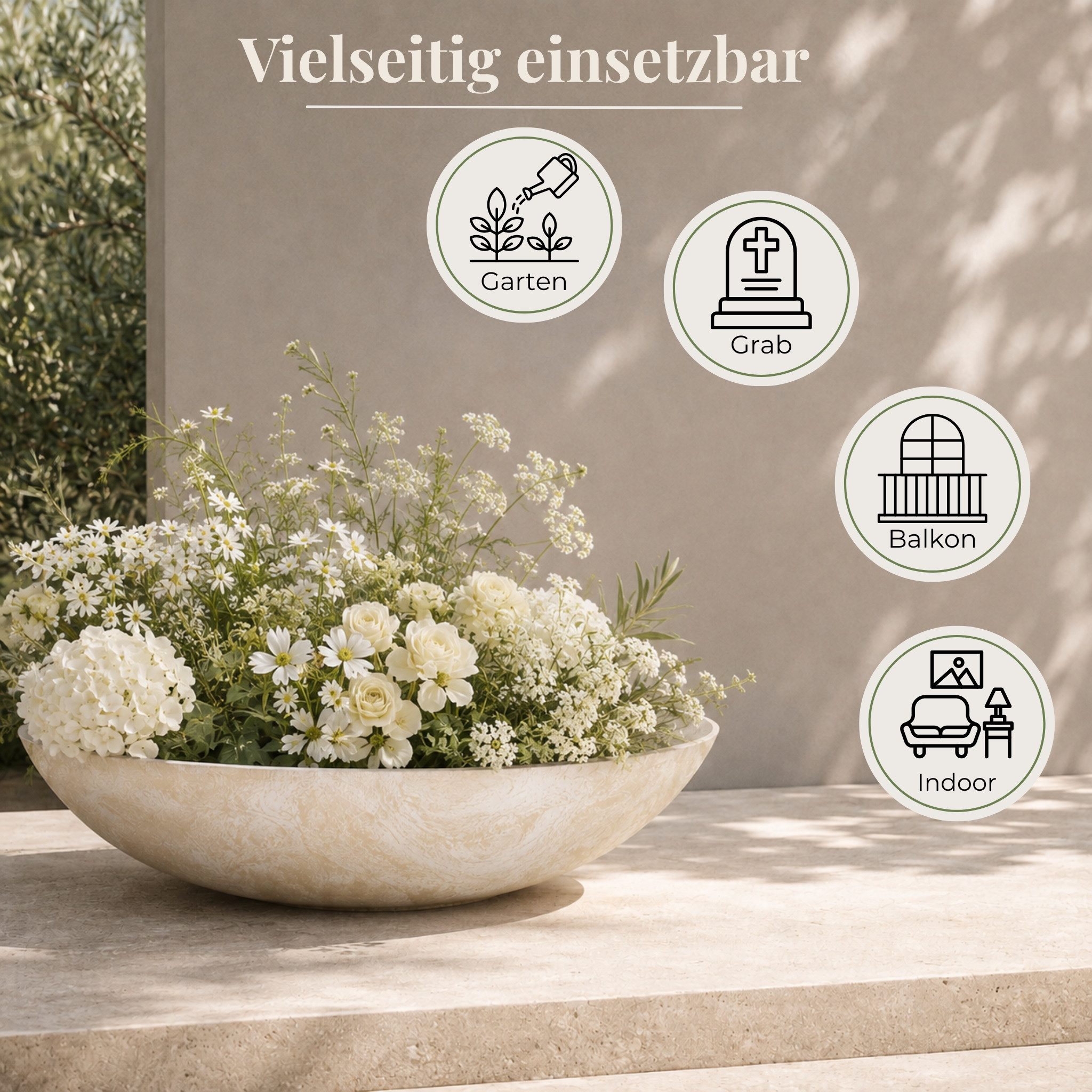 matches21 HOME & HOBBY Blumentopf Flache Pflanzschale für draussen Dekoschale rund beige sand 45 cm (1 St), Blumen-Schale als wetterfeste Friedhof-Schale Grab-S – Bild 3 von 5