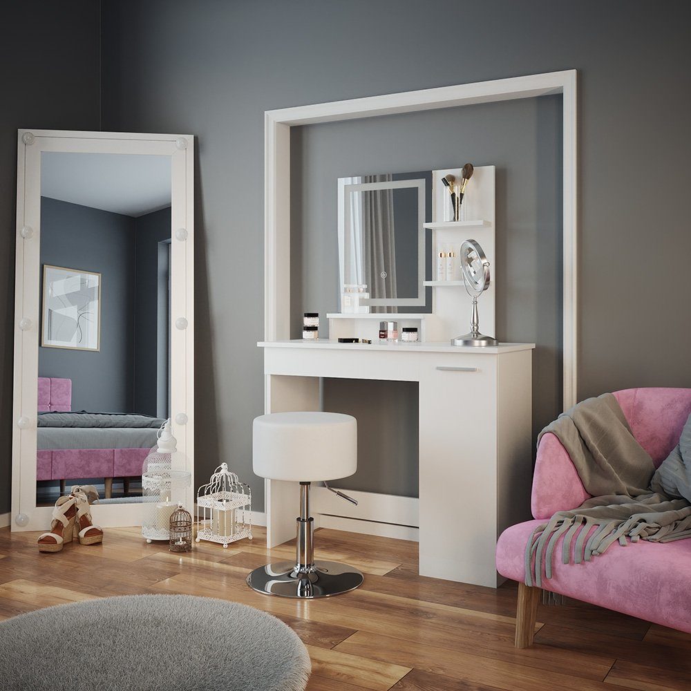 Vicco Schminktisch Julia, Weiß, 90 cm mit LED-Spiegel und Hocker günstig online kaufen