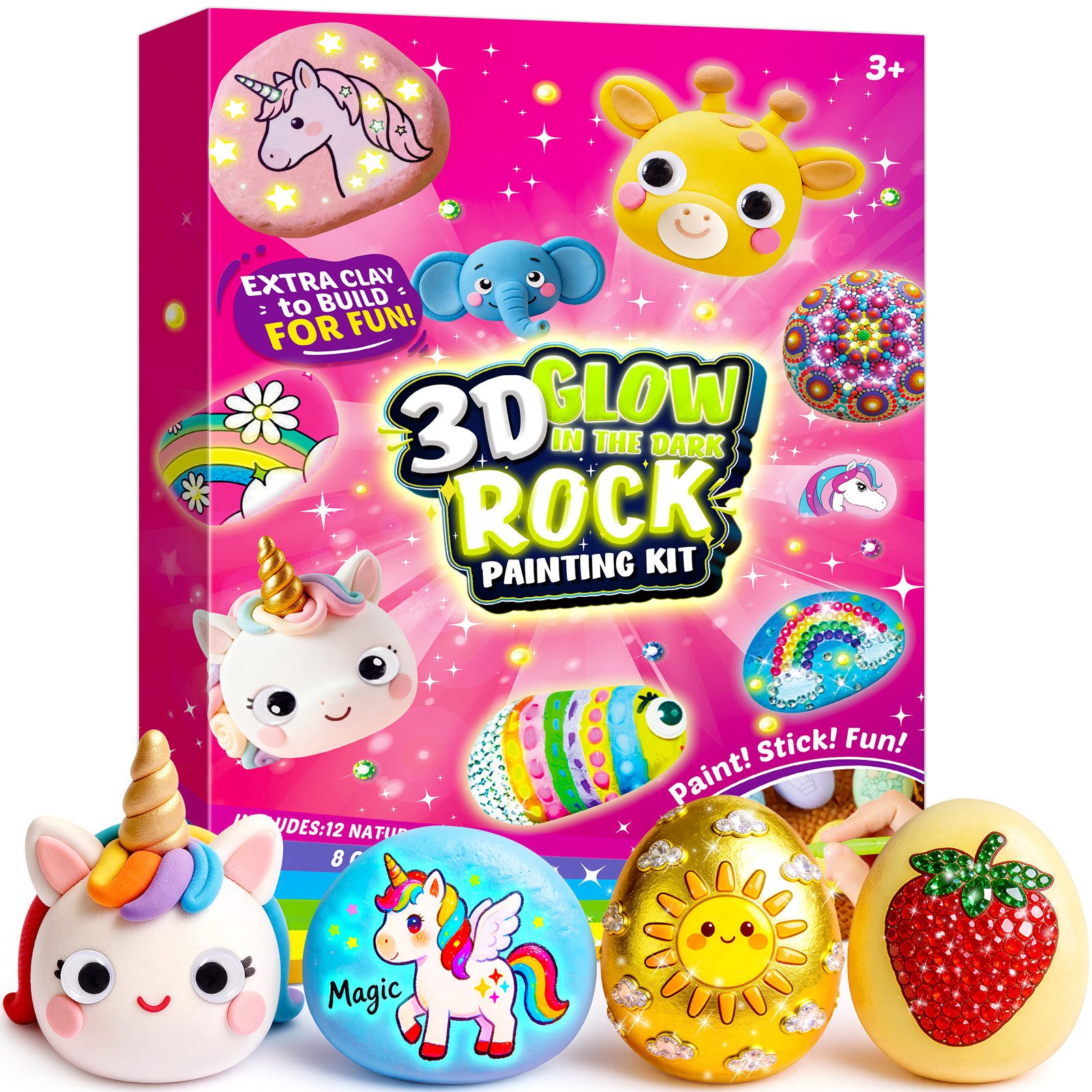 Wootoy Kreativset Steine-Bemalset Experimentierkasten Bemalen DIY Set mit 12 Malsteinen, (Leuchtfarben Metallicfarben Glitzerkleber Wackelaugen und Pinseln, 12-tlg., Leuchtfarben erzeugen Effekte Kunstwerke im Dunkeln strahlen), Ideal für Schulprojekte Ba