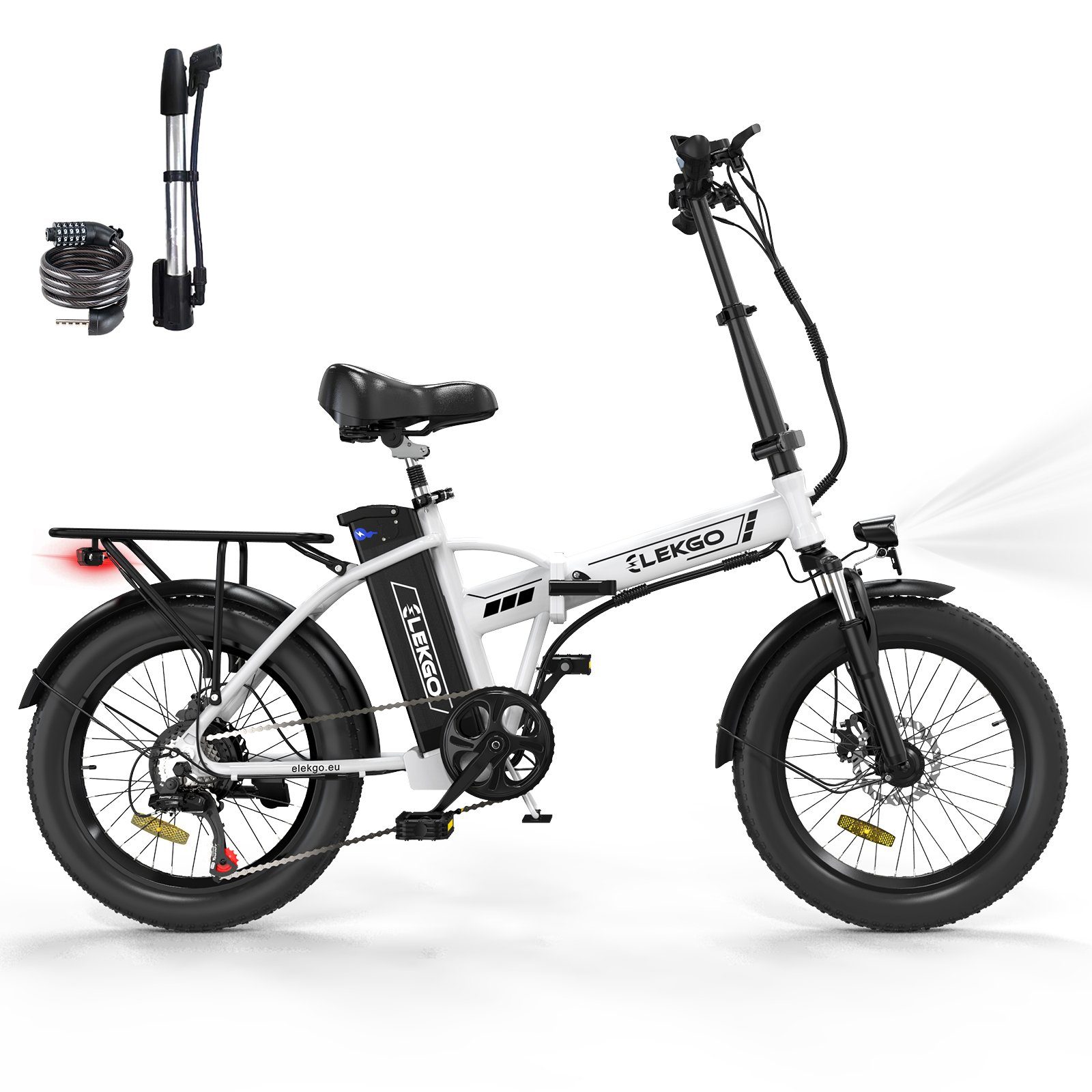 20" E-Bike Heckmotor Weiß mit Gang, Akku, 35-90km, ELEKGO 36V/12Ah Mountainbike 7 3,0 Elektrofahrrad bis 250W