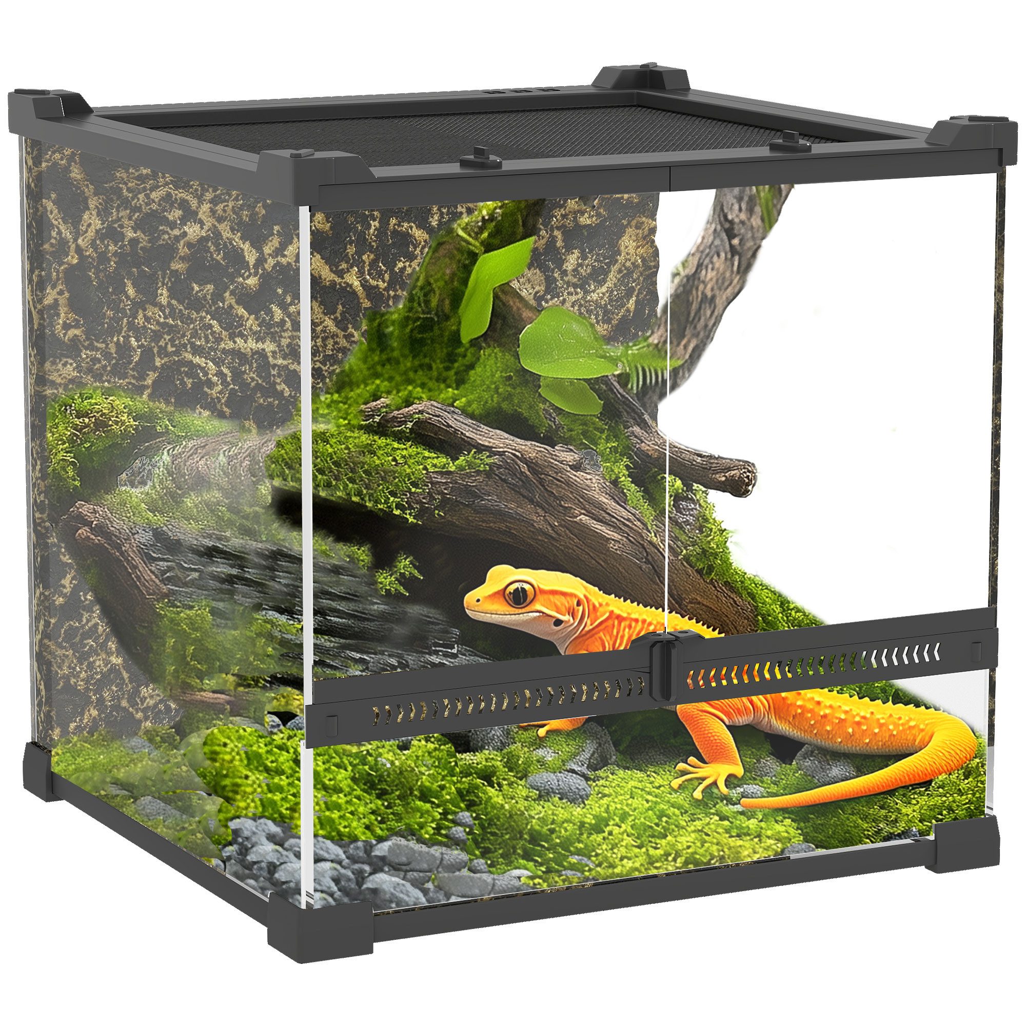 PawHut Terrarium mit Frontbelüftung, ausbruchsicherer Drehverschluss, für Amphibien Spinne Schwarz 30 x 30 x 30 cm