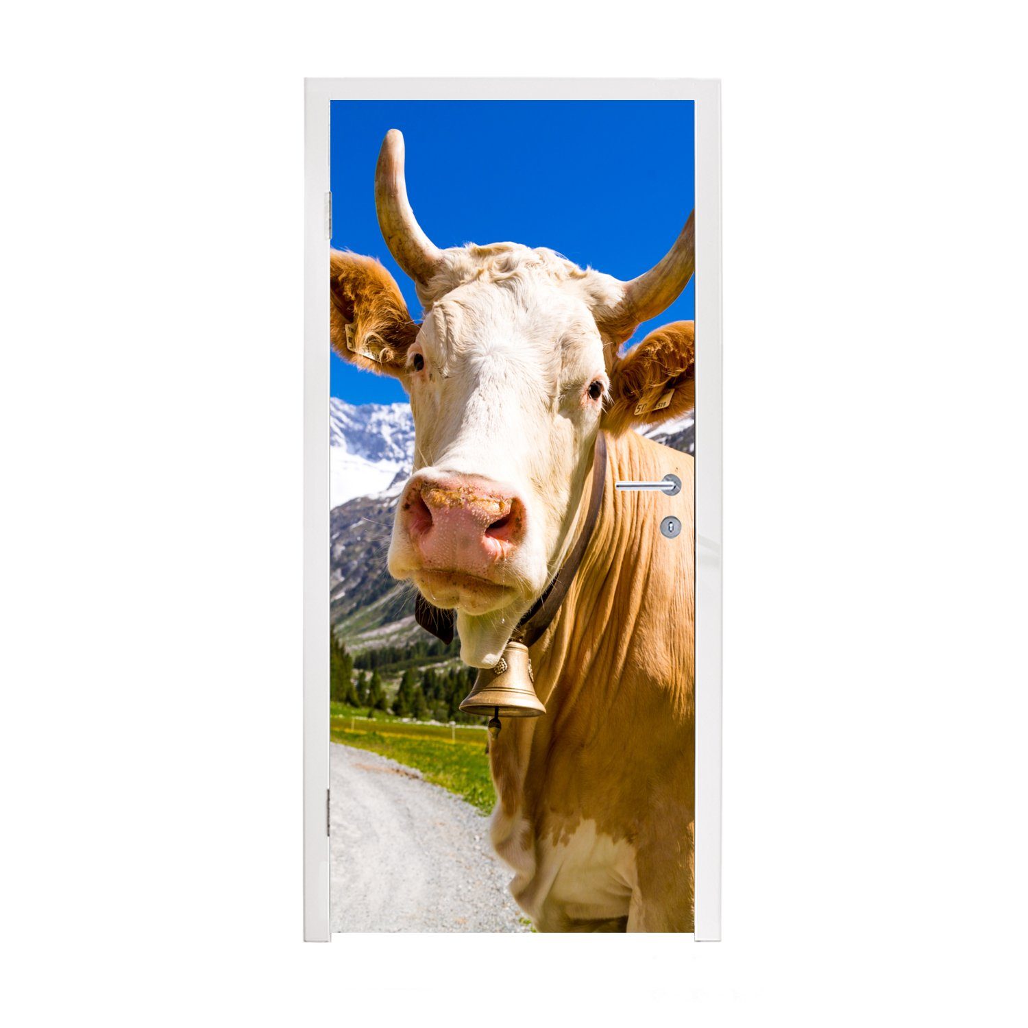 Schnee Fototapete (1 75x205 Türtapete Kuh - cm bedruckt, für Tür, Matt, Türaufkleber, - MuchoWow St), Alpen,
