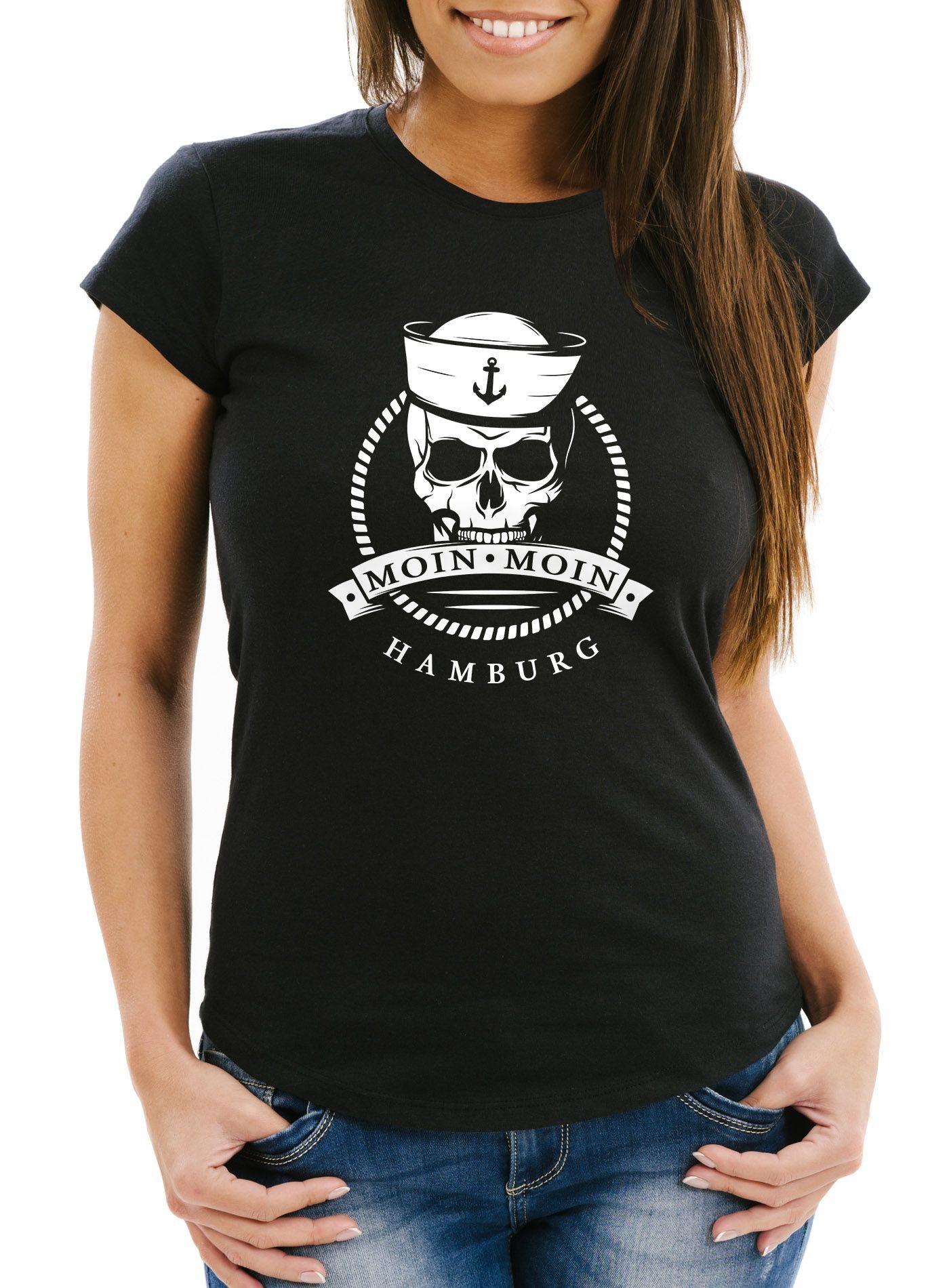 Print-Shirt Damen T-Shirt Totenkopf Matrose Anker Motiv Skull Emblem Schriftzug Moin Moin Hamburg Spruch Frauen Fun-Shirt Moonworks®