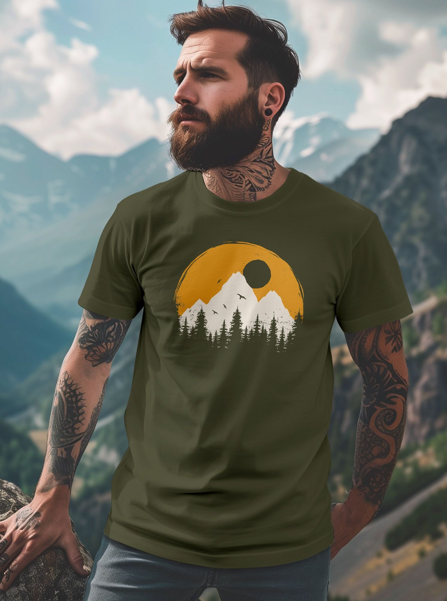 Neverless Print-Shirt Herren T-Shirt Outdoor Print Natural Badge Logo Wandern Fashion mit Print