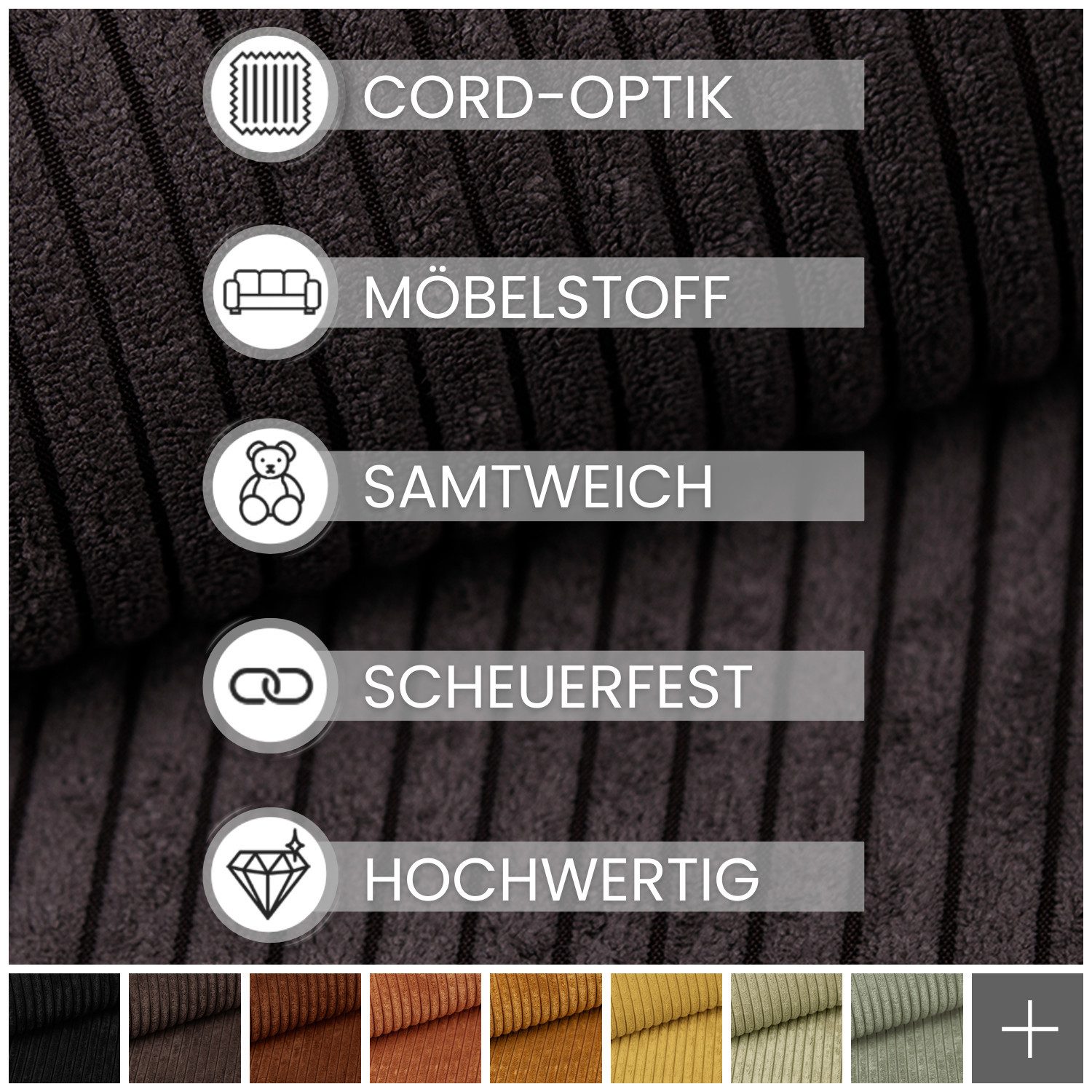 novely® Stoff PORTO - Polsterstoff in Breitcord-Optik - Ultraweicher Möbelstoff, Samtige Haptik, Reißfest, Fusselfrei, Robust, Meterware, 1lfm – Bild 5 von 5