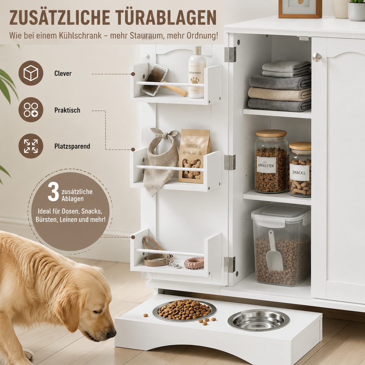 eGenuss Hundehütte Hundeschrank mit Futterstation und Stauraum, Weiß