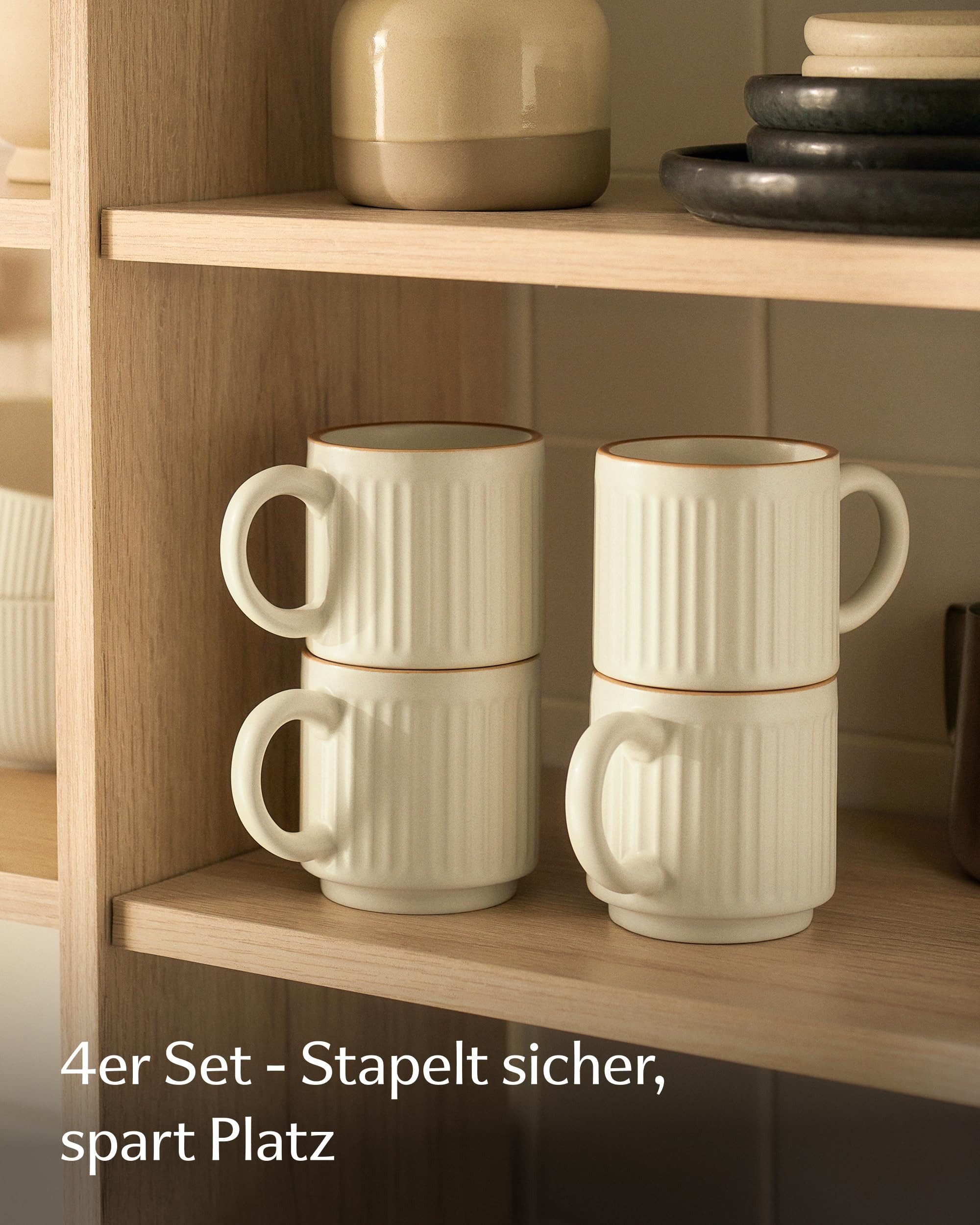 Cosumy Tasse Kaffeetassen Set 4 St. vertikal stapelbar Keramik - Rillenoptik, 4-tlg., Keramik, Vertikal stapelbar, platzsparend, dickwandige Keramik mit Rilleno – Bild 2 von 5