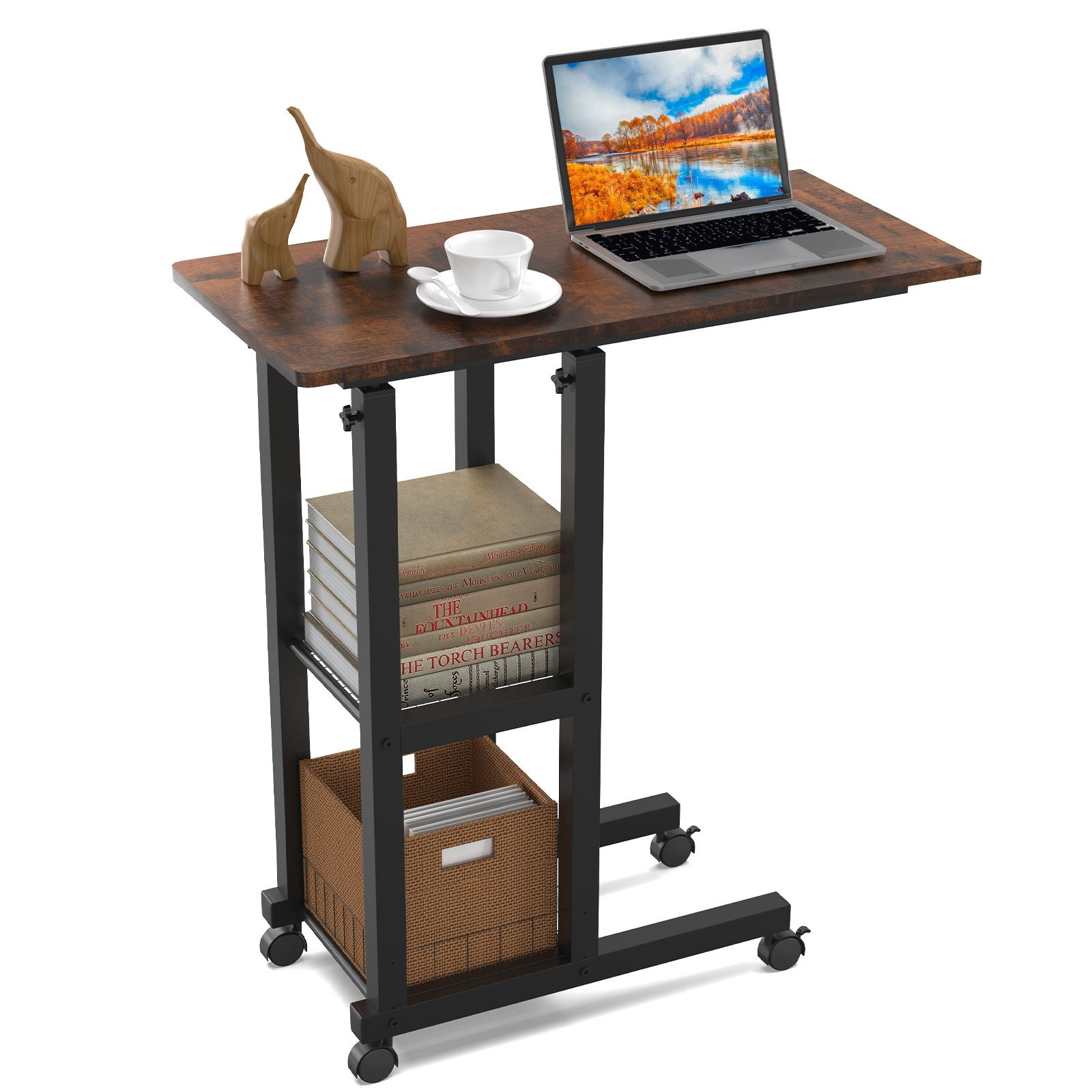 JEOBEST Beistelltisch Couchtisch mit Rollen Laptoptisch Höhenverstellbar Schreibtisch, Sofatisch Nachttisch Kaffeetisch mit 2 unteren Regalen, C-förmig