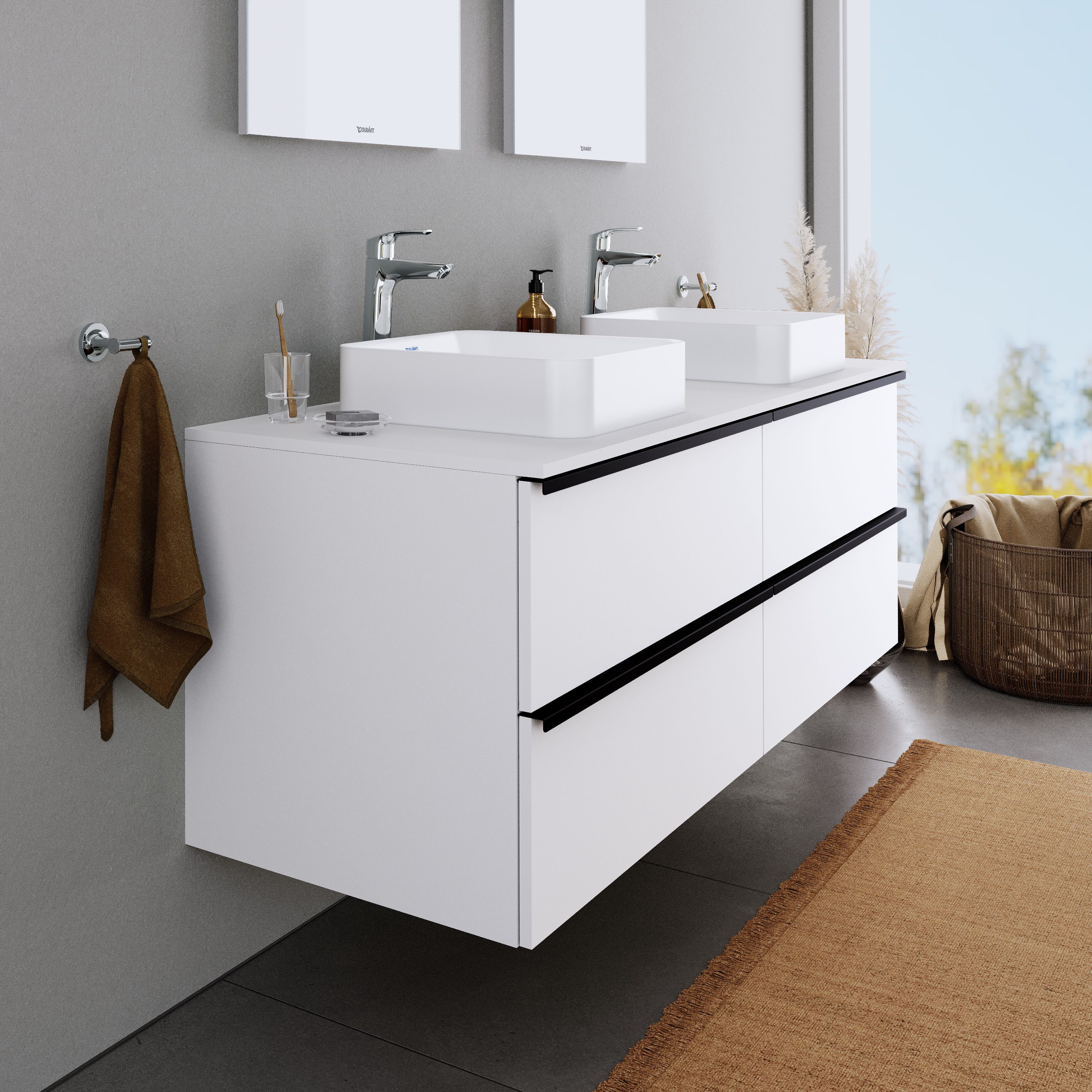 Duravit Waschbeckenunterschrank DuraPoint Weiß glänzend 120cm Waschtischunterschrank für Aufsatzbecken 4 Auszüge Griffleiste schwarz