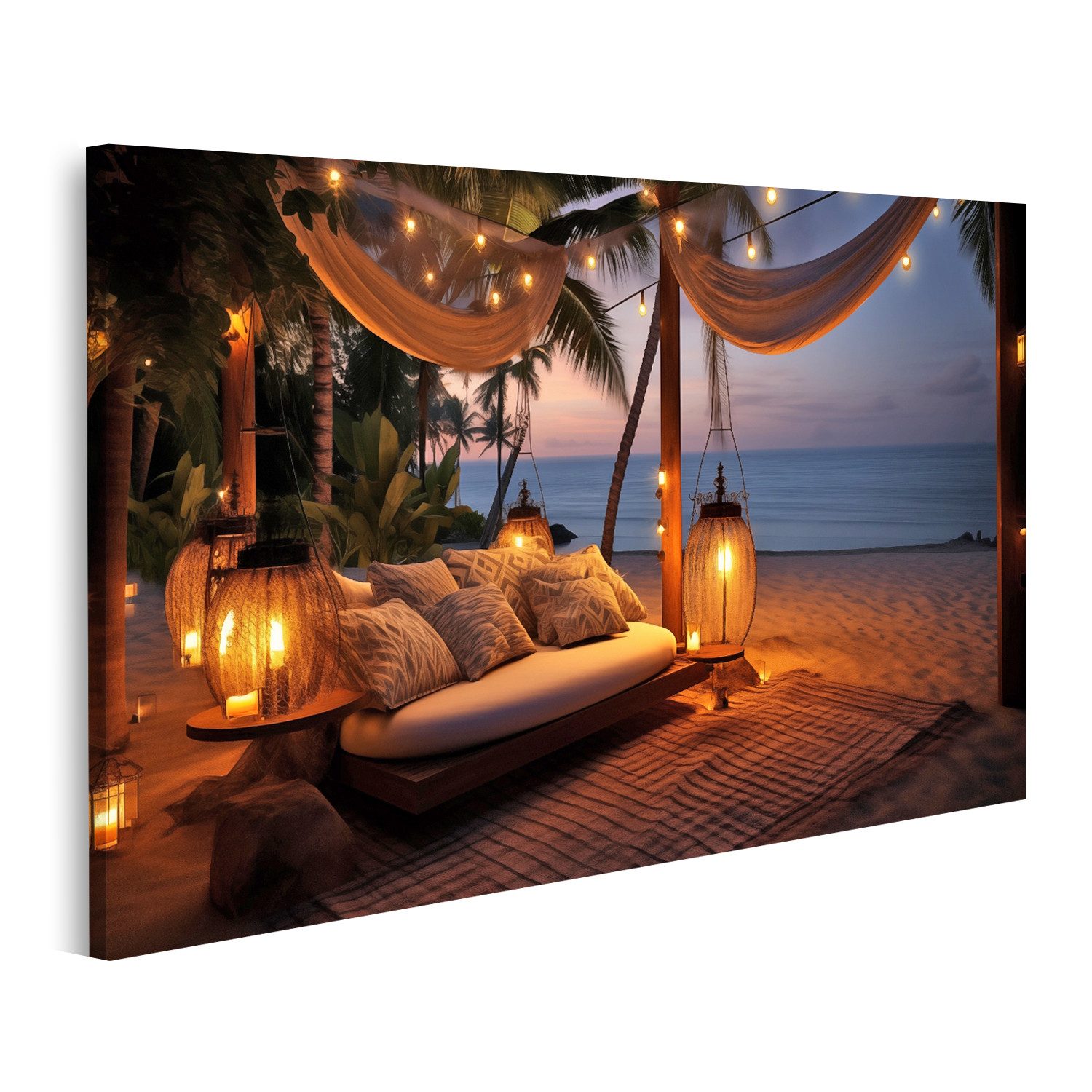 islandburner Leinwandbild Strandabend: Luxusresort, beleuchtet durch Kerzen, Café, Hängematte &