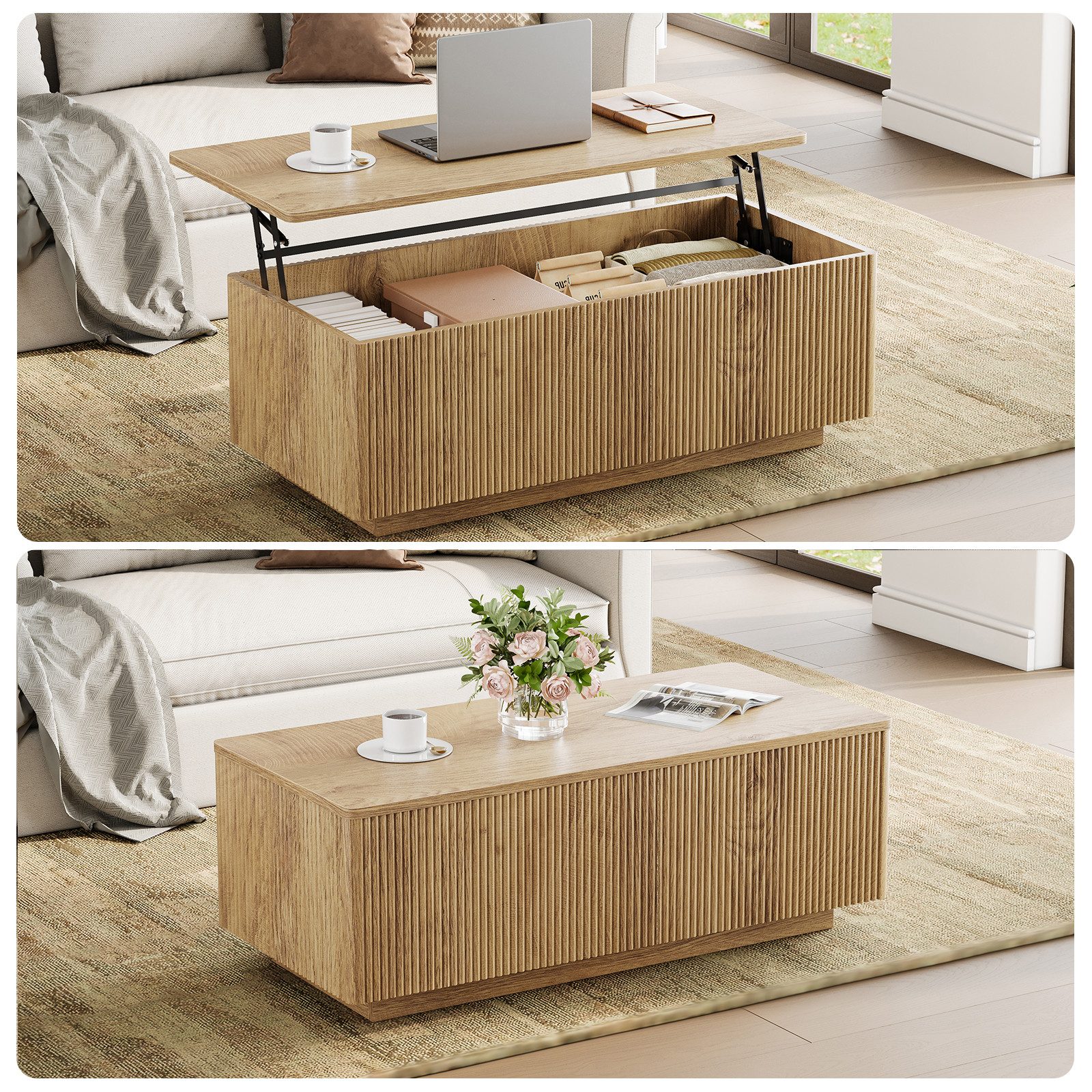 FABATO Couchtisch Lift-Couchtisch 106 cm mit großem verstecktem Stauraum (1-St., aufklappbar, Holz-Optik, Mid-Century-Modern-Stil, für Ihr Sofa), rechteckiges Fluted-Design mit abgerundeten Ecken