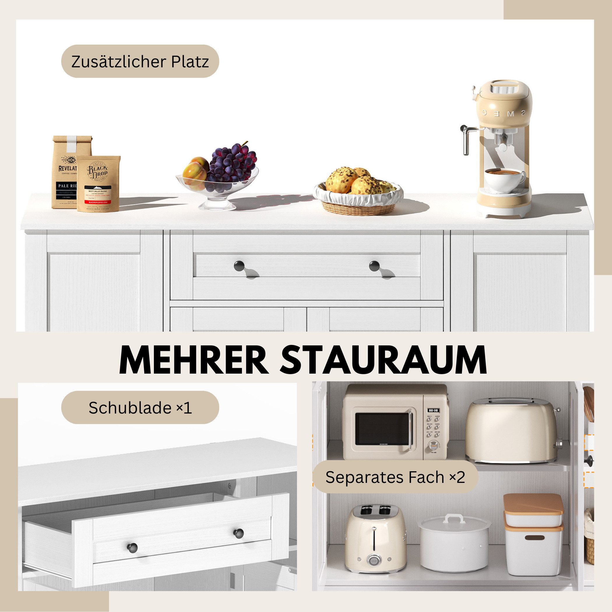 SeedWave Anrichte Modern Küchenbuffet Mehrzweckschrank Beistellschrank mit Viel Stauraum, Türregale mit Schutzgeländern, Wandhalterung für Anti-Kipp Funktion – Bild 5 von 5