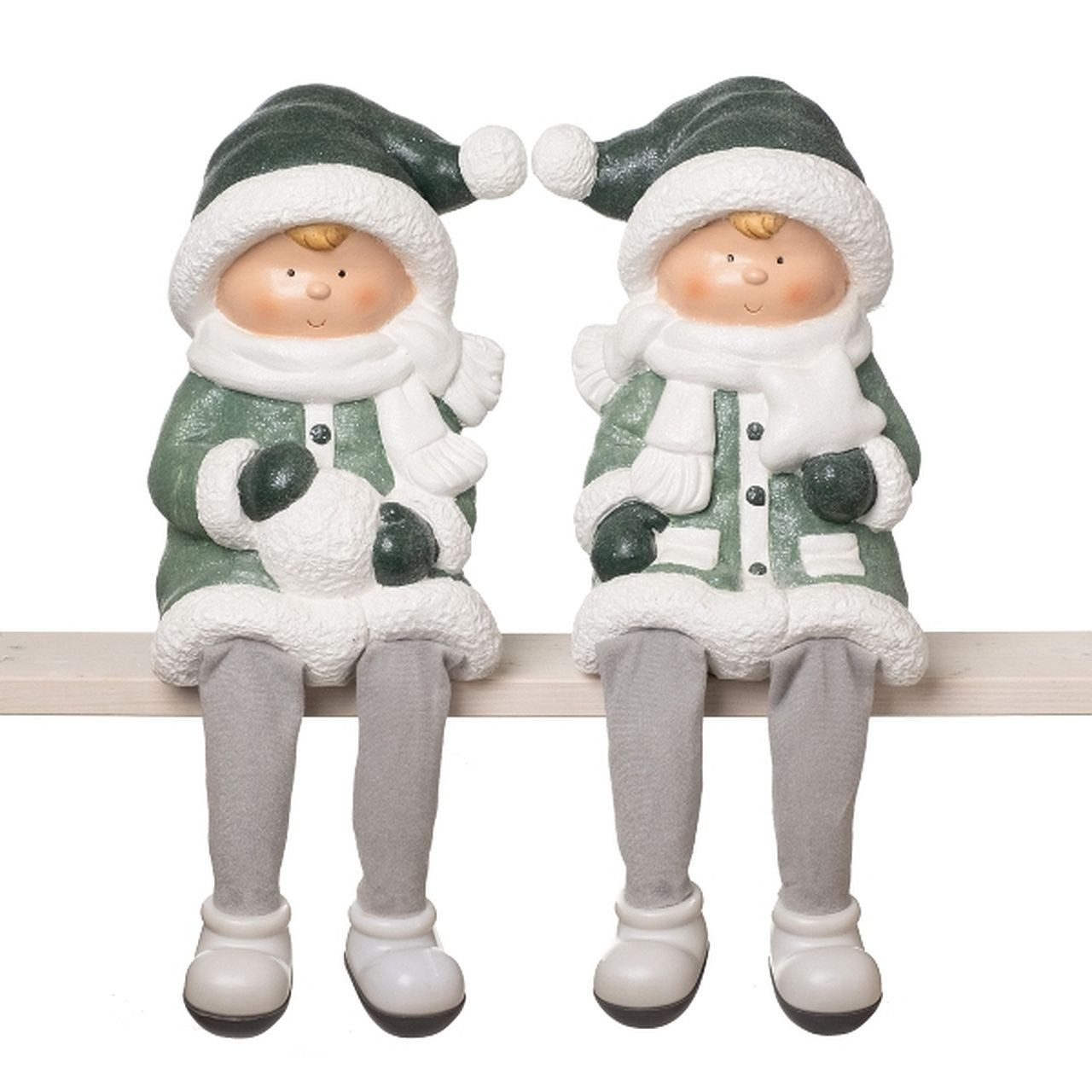 Dragimex Dekofigur Winterkinder aus Magnesia 30 cm – Junge oder Mädchen Kantenhocker (2er Set)
