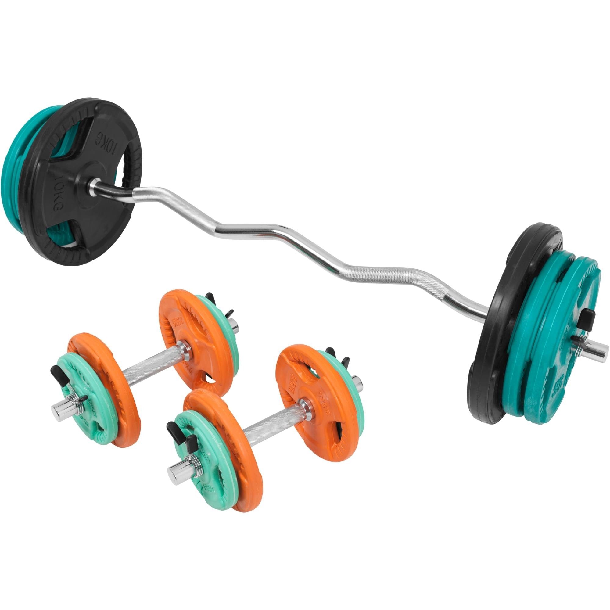 GORILLA SPORTS Hantel-Set 70 kg, SZ Curlstange 120 cm, Kurzhanteln, 30 mm, Gusseisen, Gummi Federverschluss