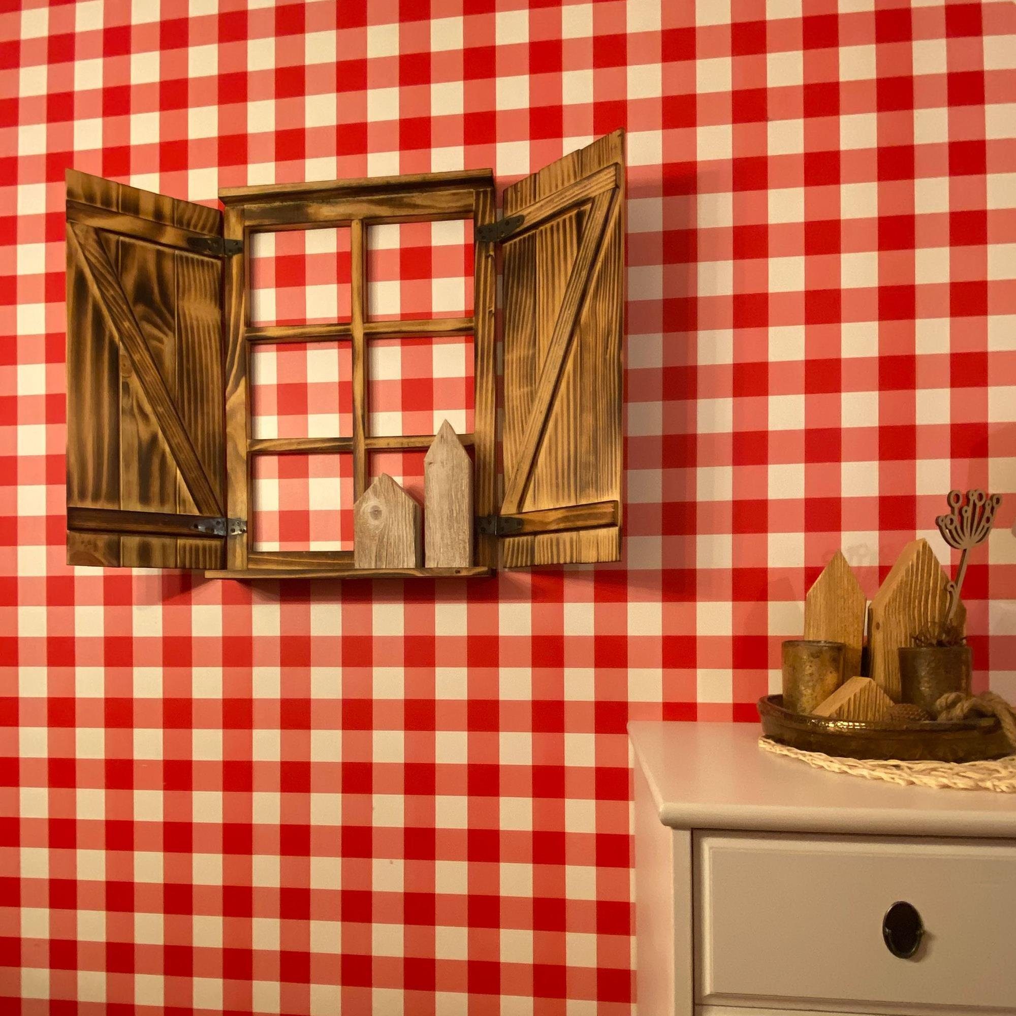 UNUS HOME Wanddekoobjekt Deko-Fenster Sprossenfenster mit Fensterläden (63x4x45cm), Holz geflammt, Holzfensterrahmen, Dekofensterrahmen, Dekofenster