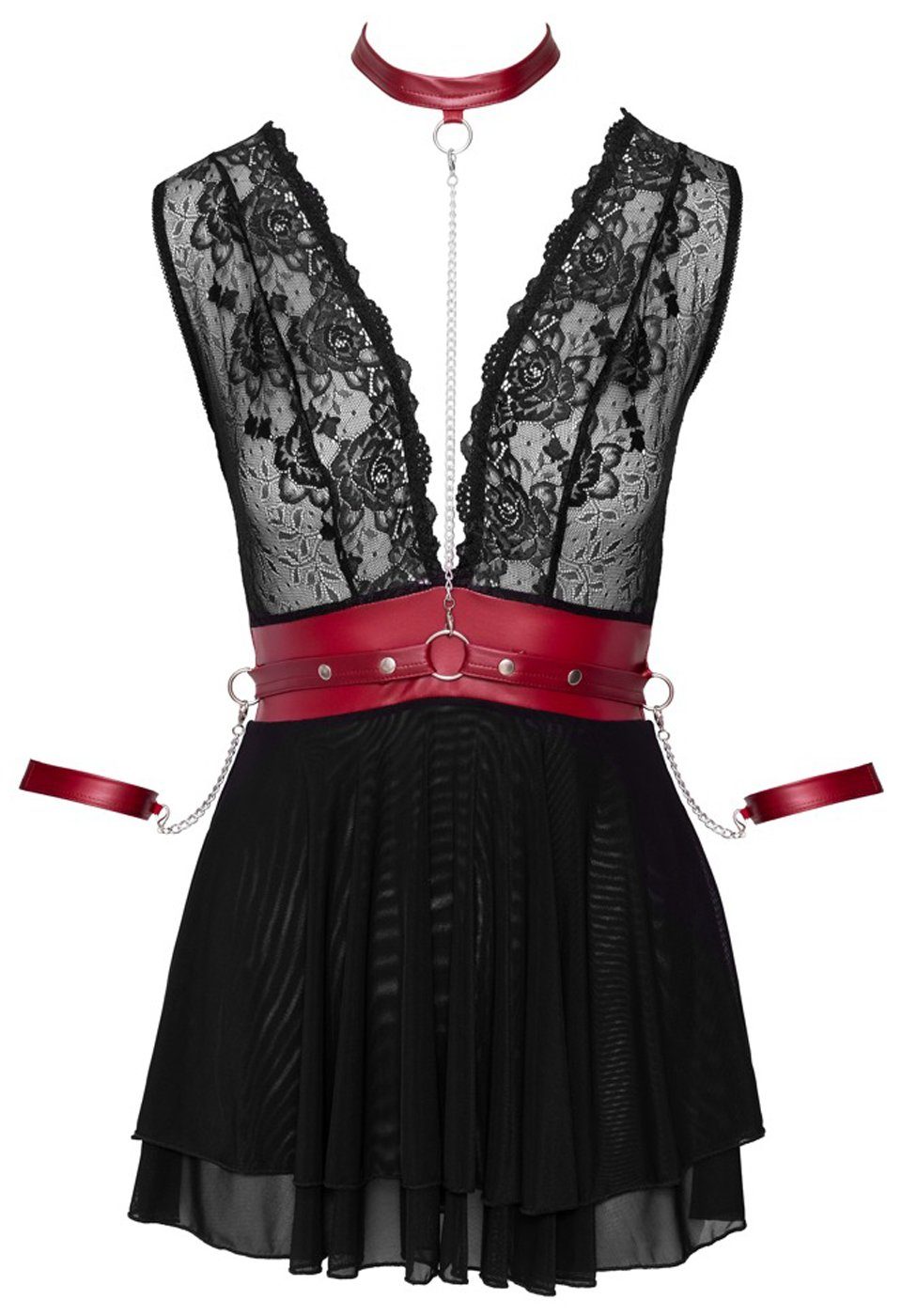 Cottelli Bondage Minikleid Mini-Kleid - und Spitze schwarz, Fesseln Wetlook rot Halsband
