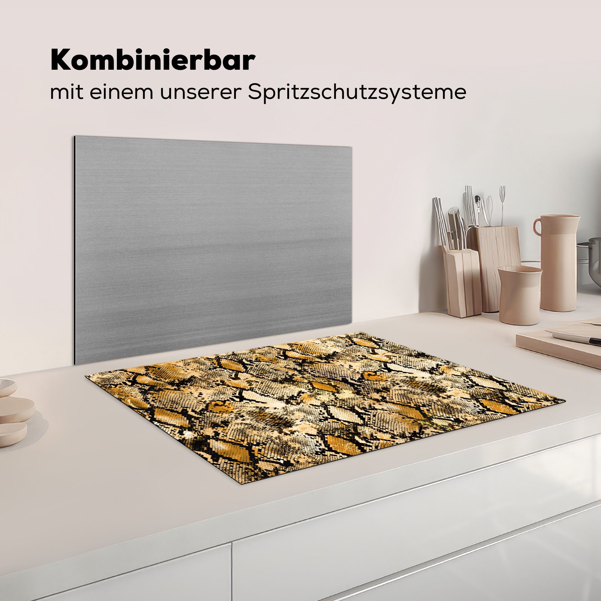 Vinyl, küche, - - (1 71x52 die tlg), cm, Schutz Gold, Schlange Herdblende-/Abdeckplatte Tiermuster Ceranfeldabdeckung für Induktionskochfeld MuchoWow